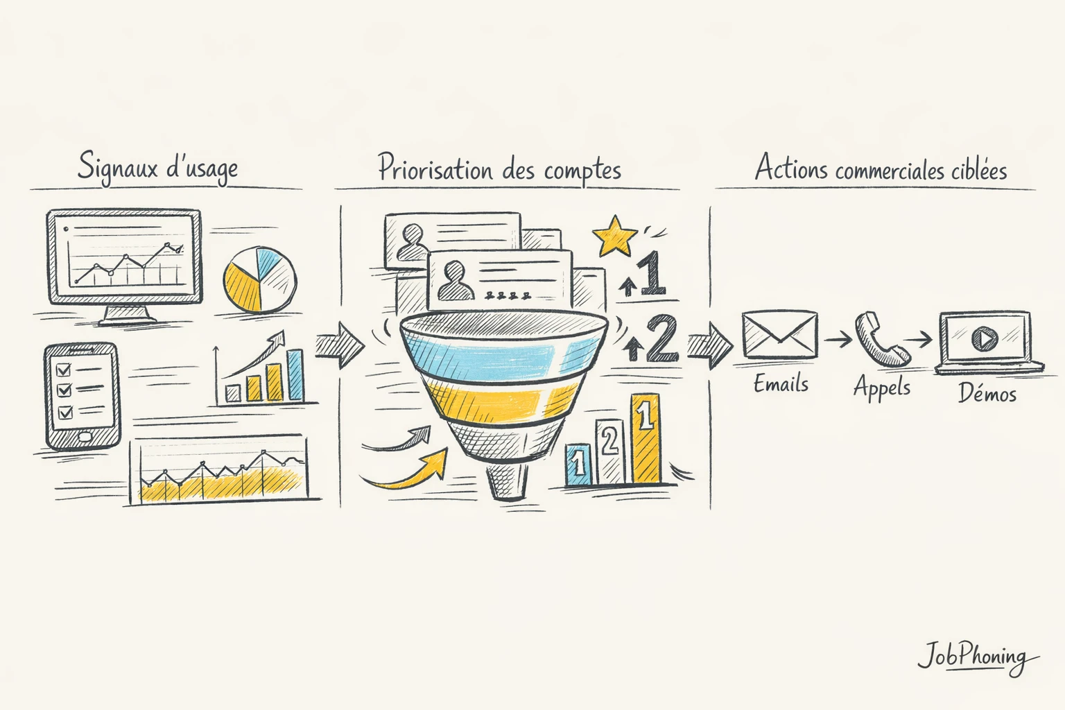 Schéma représentant un processus de prospection SaaS piloté par l’usage via blocs reliés et flèches