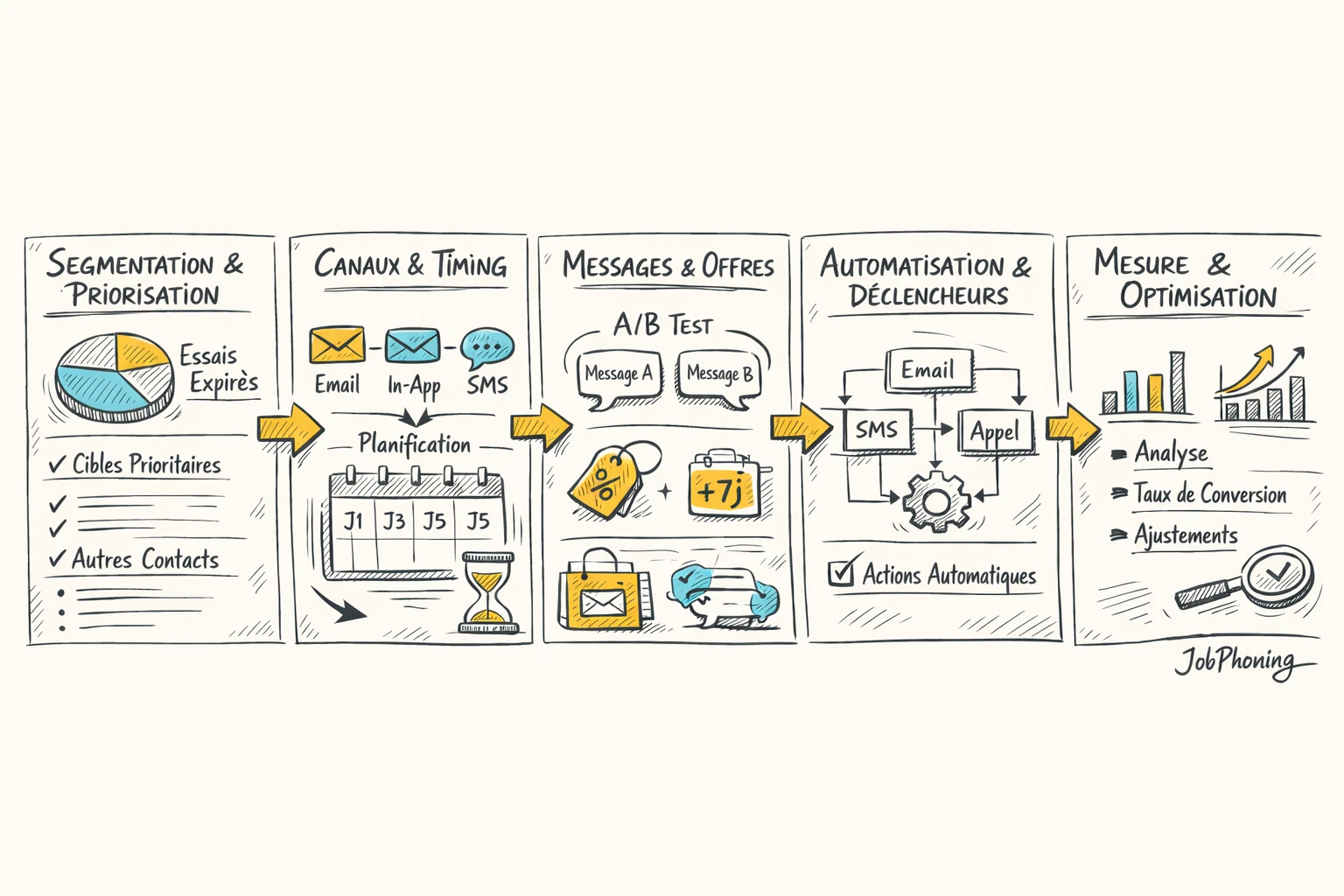 Schéma représentant une séquence de relance multicanale via blocs reliés symbolisant canaux et étapes successives.