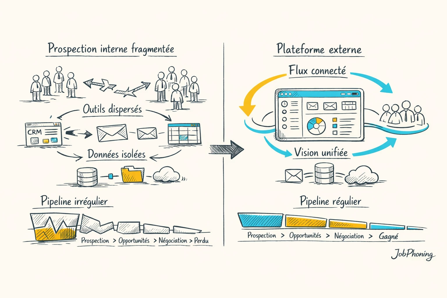 Infographie représentant les limites de prospection interne via entonnoir dispersé et pipeline structuré connecté à