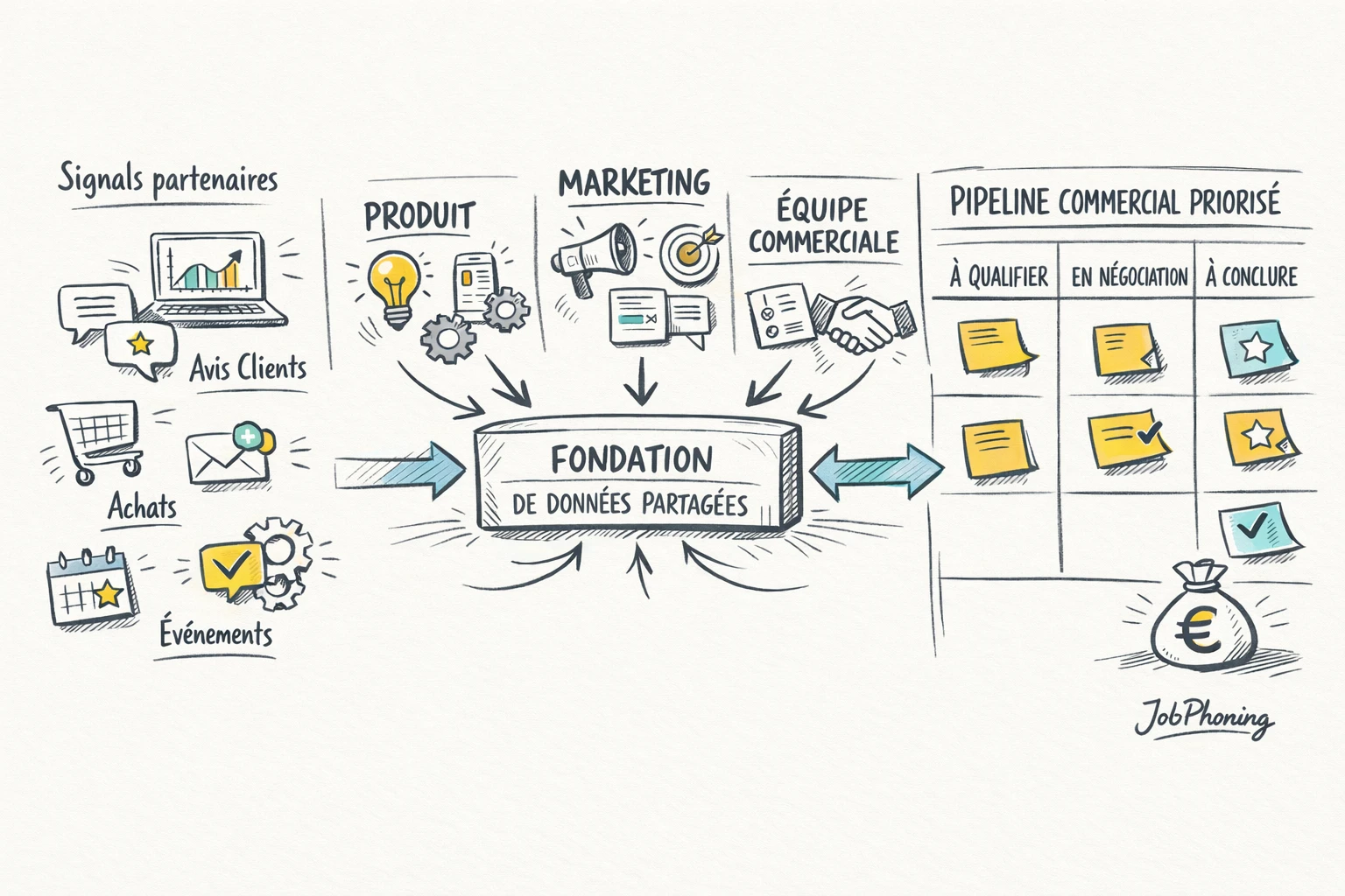 Schéma représentant la coordination partenaires-produit-marketing-sales via hub central et flux géométriques structurés