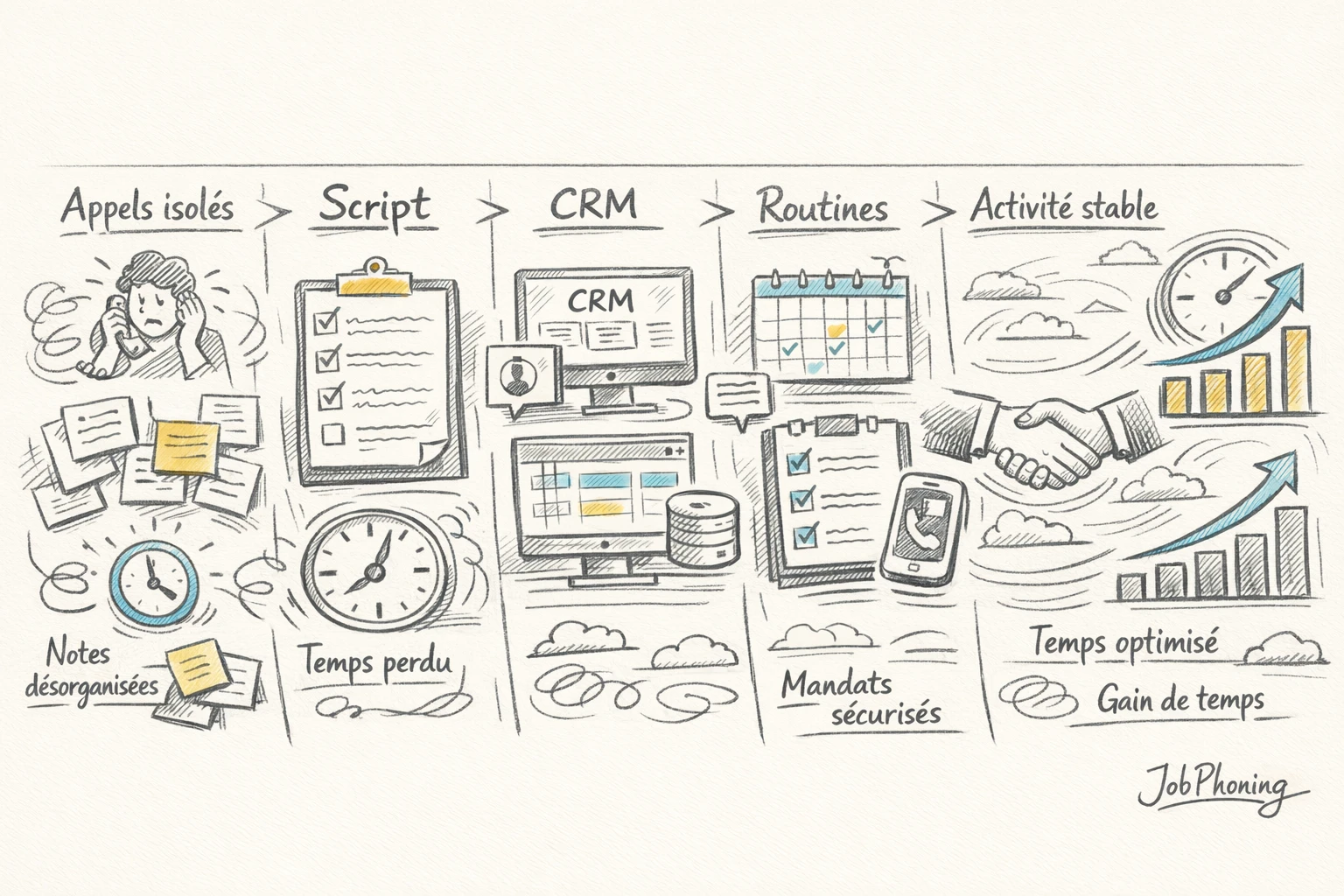 Schéma représentant une organisation d’appels immobiliers via enchaînement de blocs et flèches structurés.