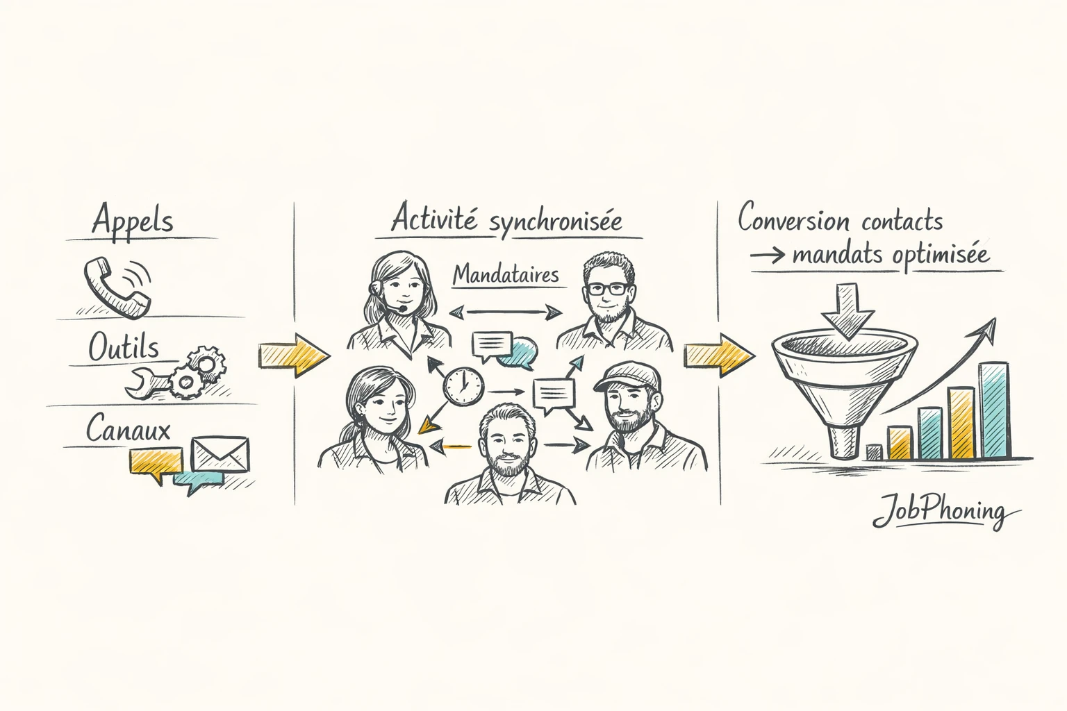 Infographie représentant une prospection structurée via hub central relié à calendrier, CRM, téléphone, graphiques et