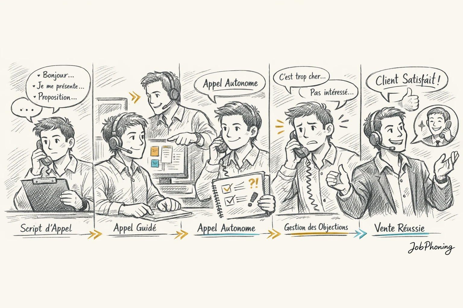 Schéma représentant un parcours de prospection encadré via flèches, blocs séquentiels et icônes abstraites de