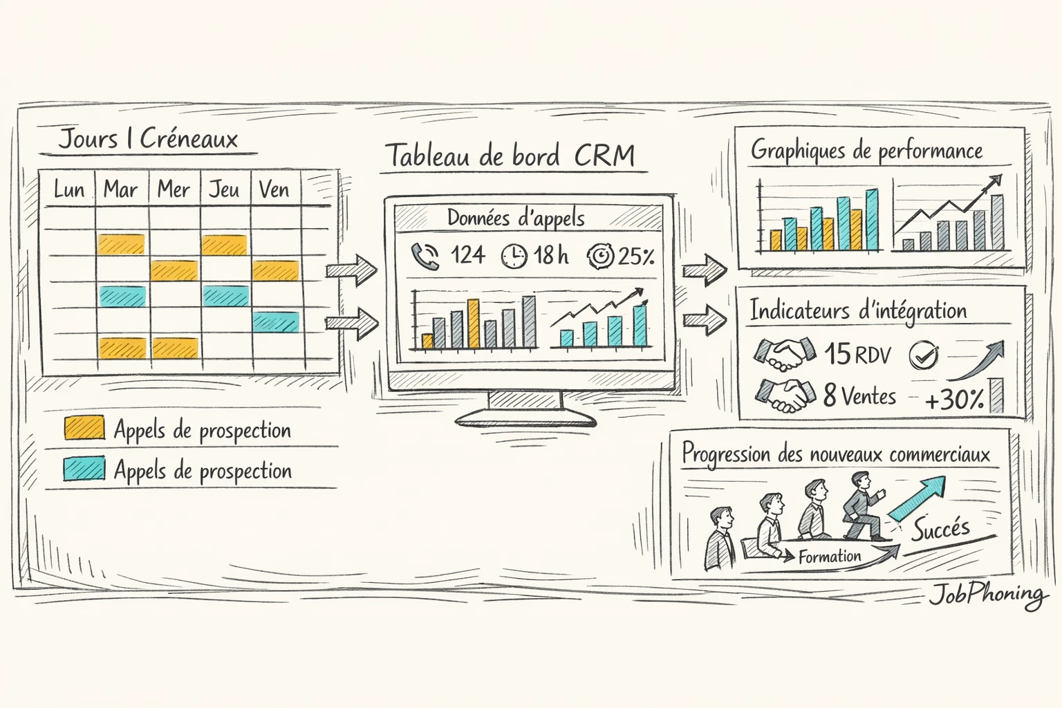Infographie représentant un parcours de prospection structuré via calendrier multi-semaines, blocs colorés et hub central