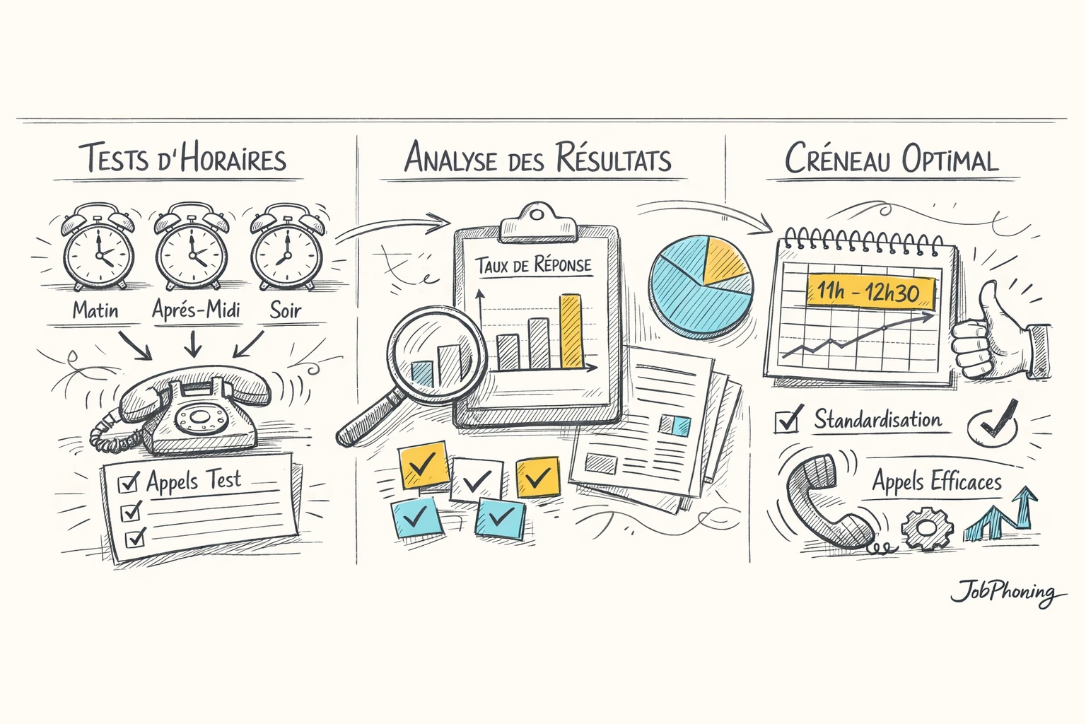 Schéma représentant l’optimisation des horaires d’appel via un flux de blocs et flèches colorés.
