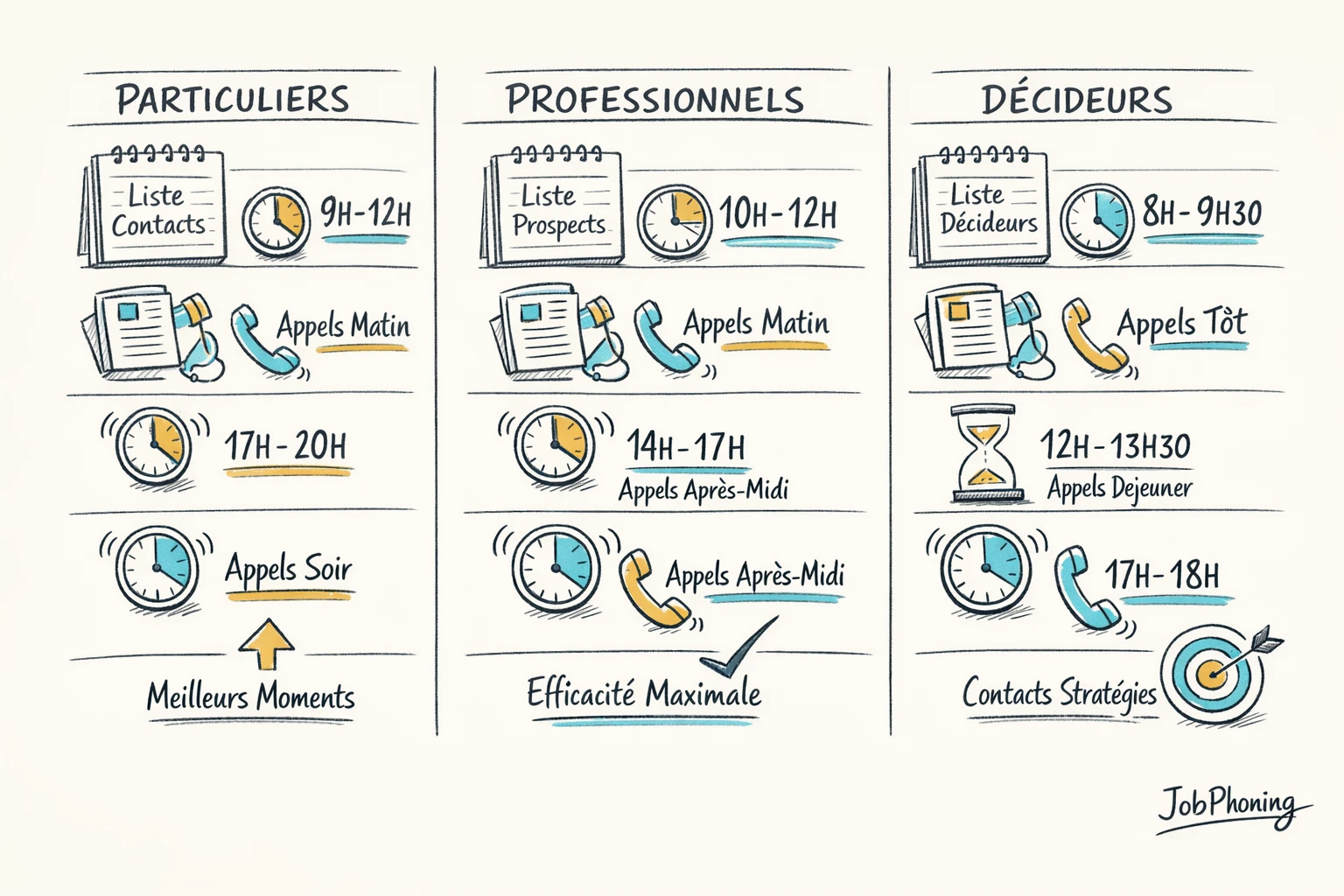 Schéma représentant la planification horaire d’appels via un calendrier segmenté et des blocs colorés reliés.