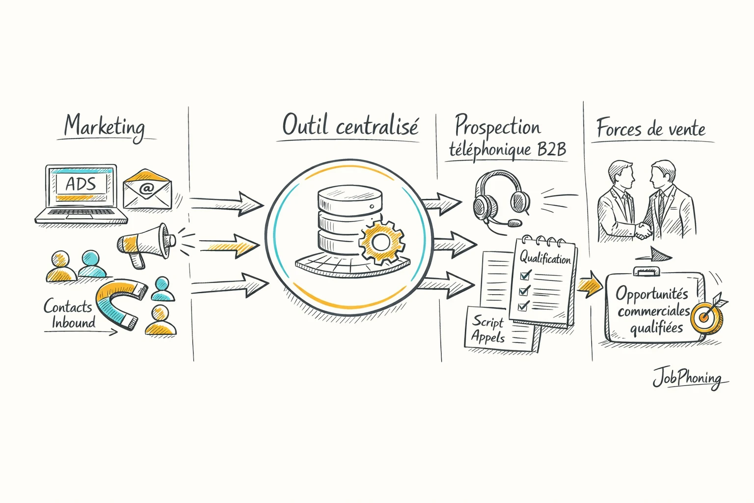 Schéma représentant la coordination prospection téléphonique, marketing et ventes via hub central, blocs reliés et