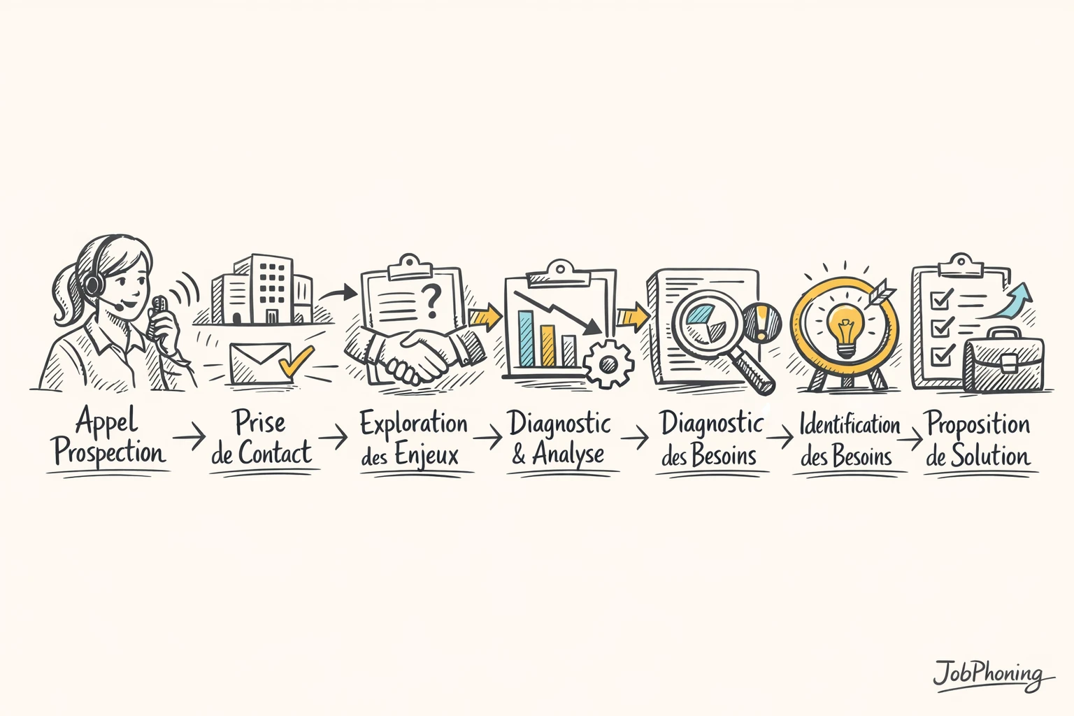 Schéma représentant un appel de prospection structuré via enchaînement de blocs reliés par des flèches