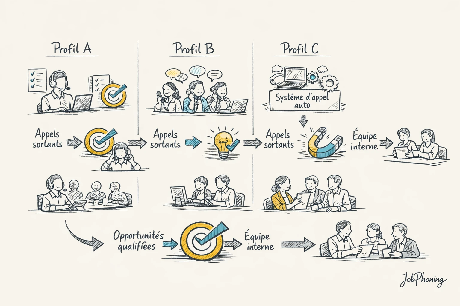 Infographie représentant divers scénarios de prospection téléphonique via colonnes comparatives, blocs colorés et icônes abstraites.