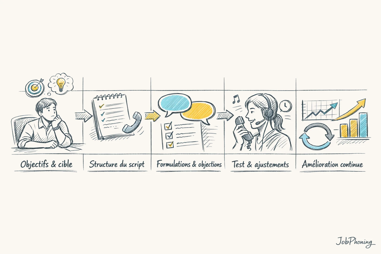 Schéma représentant la construction d’un script d’appel via enchaînement de blocs reliés par des flèches.