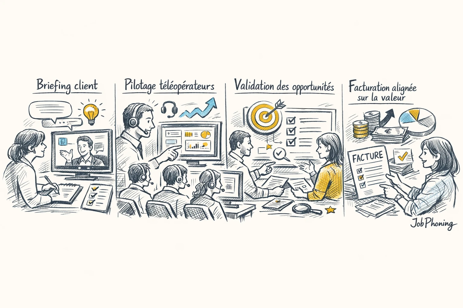 Schéma représentant la gestion de campagnes d’appels B2B via blocs reliés et flèches minimalistes.