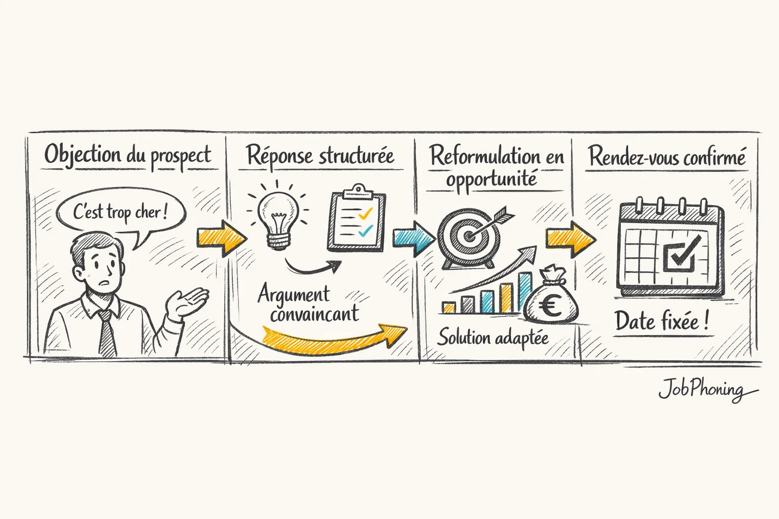 Schéma représentant le traitement d’une objection via une suite d’étapes reliées menant à un rendez-vous.
