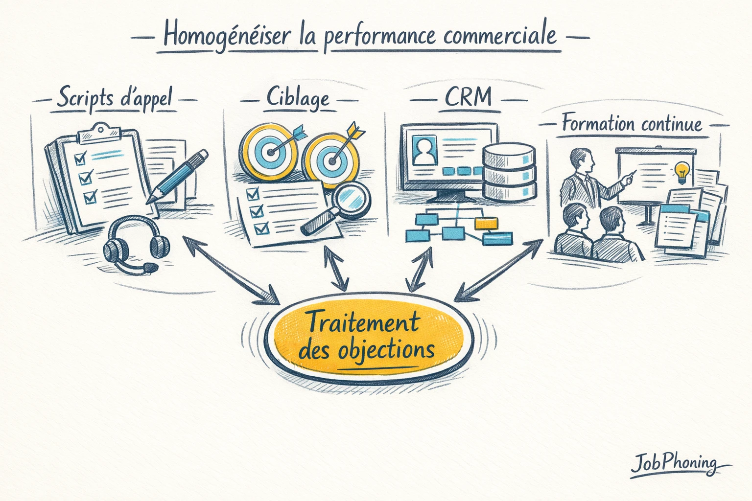 Schéma représentant la gestion structurée des objections via un noyau central relié à plusieurs blocs
