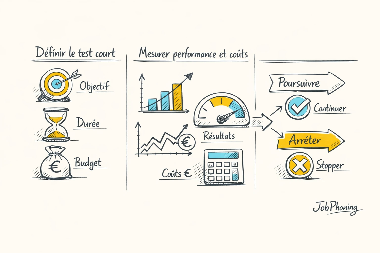 Schéma représentant un protocole de test commercial via flèches séquentielles et blocs géométriques reliés.