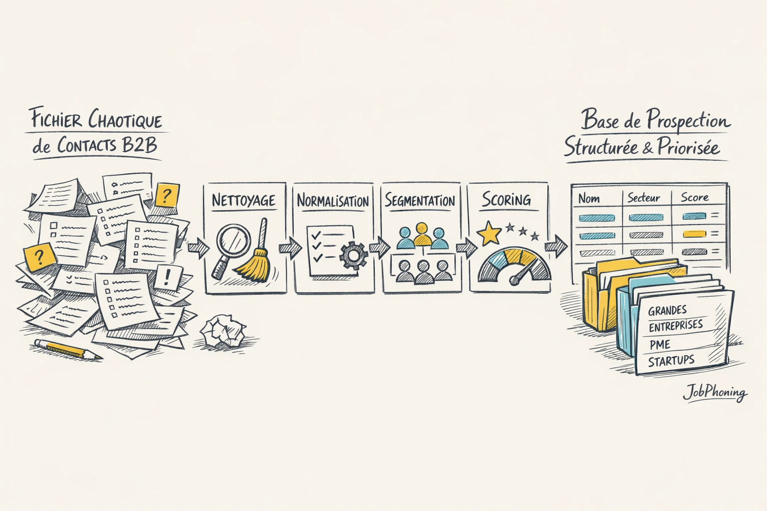 Schéma représentant la qualification d’un fichier B2B hétérogène via étapes séquencées et blocs interconnectés