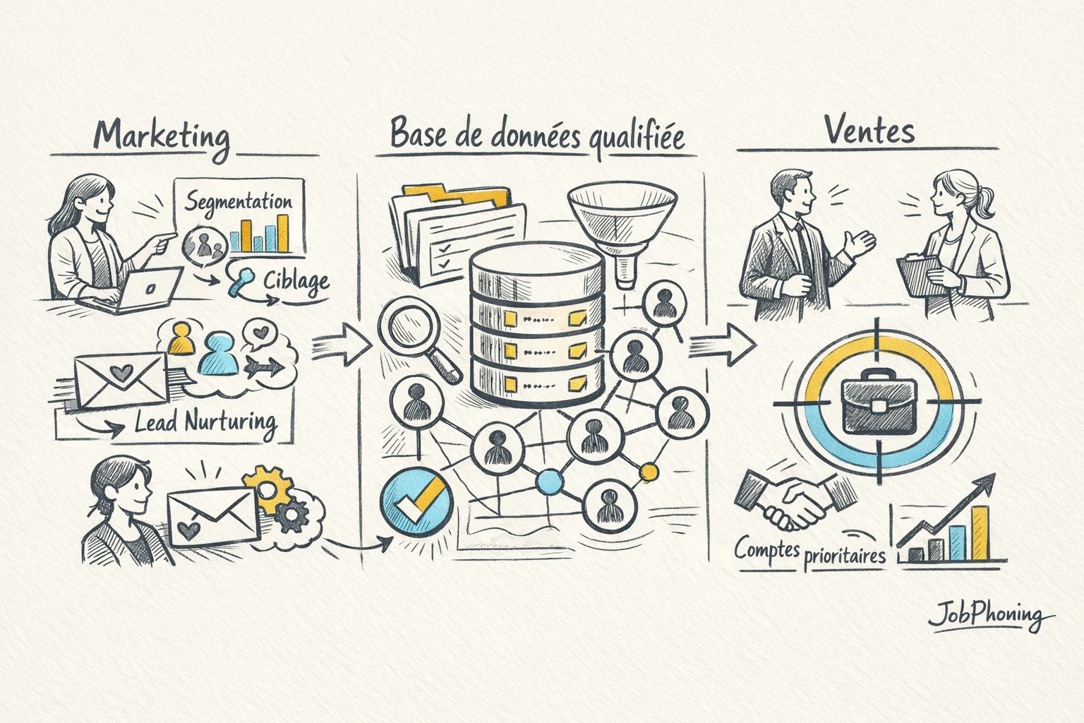 Infographie représentant l’intégration de la qualification B2B via base centrale, blocs marketing et ventes reliés.