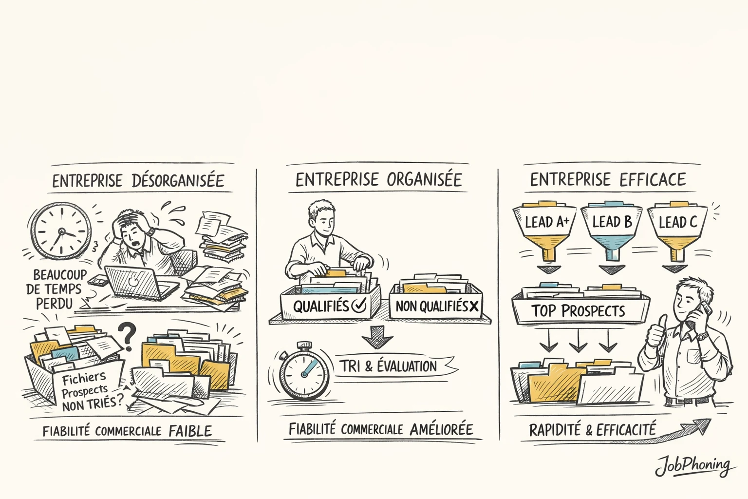 Infographie représentant trois usages de qualification B2B via colonnes colorées et blocs alignés.