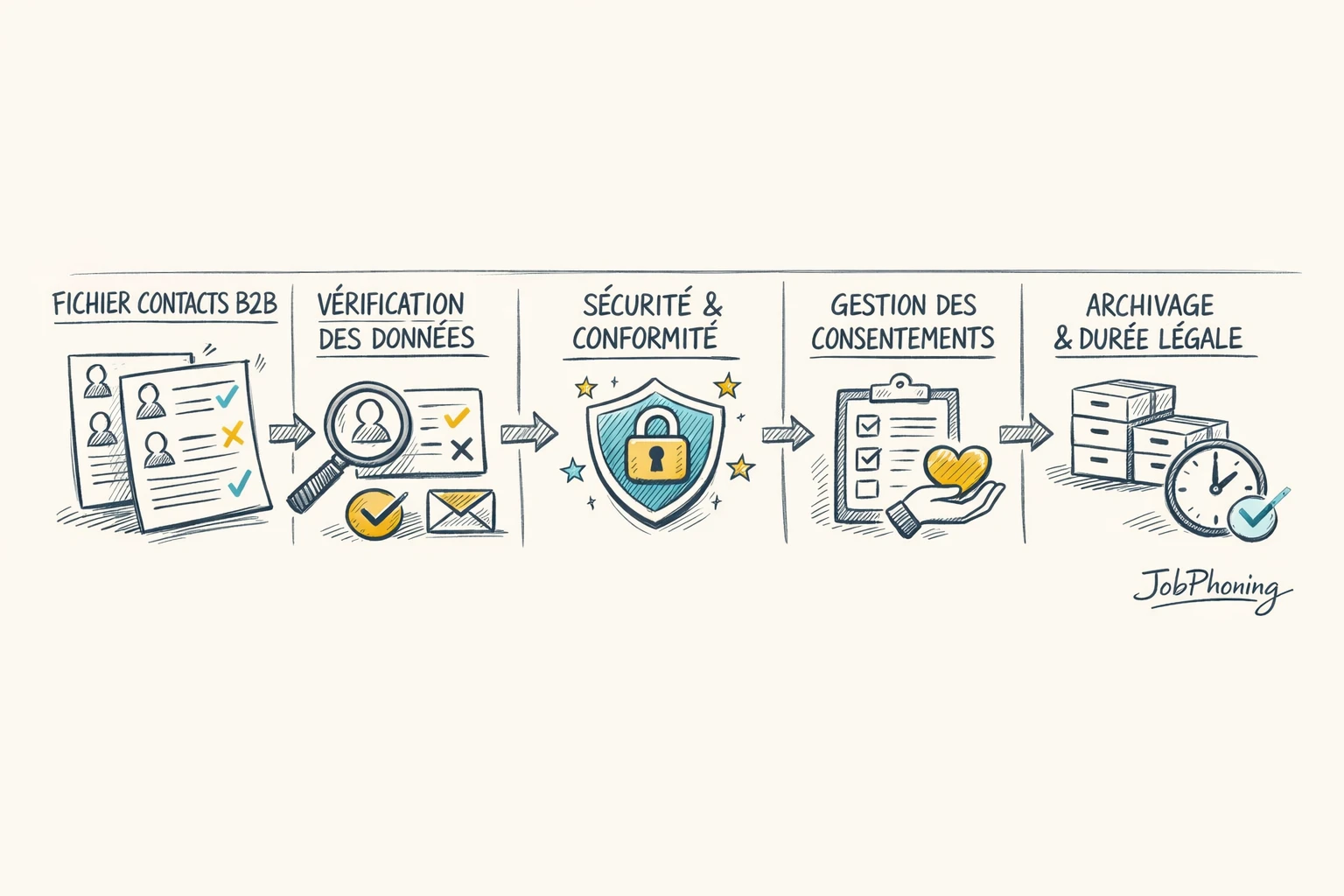Schéma représentant la gouvernance RGPD des contacts B2B via un flux d’étapes interconnectées