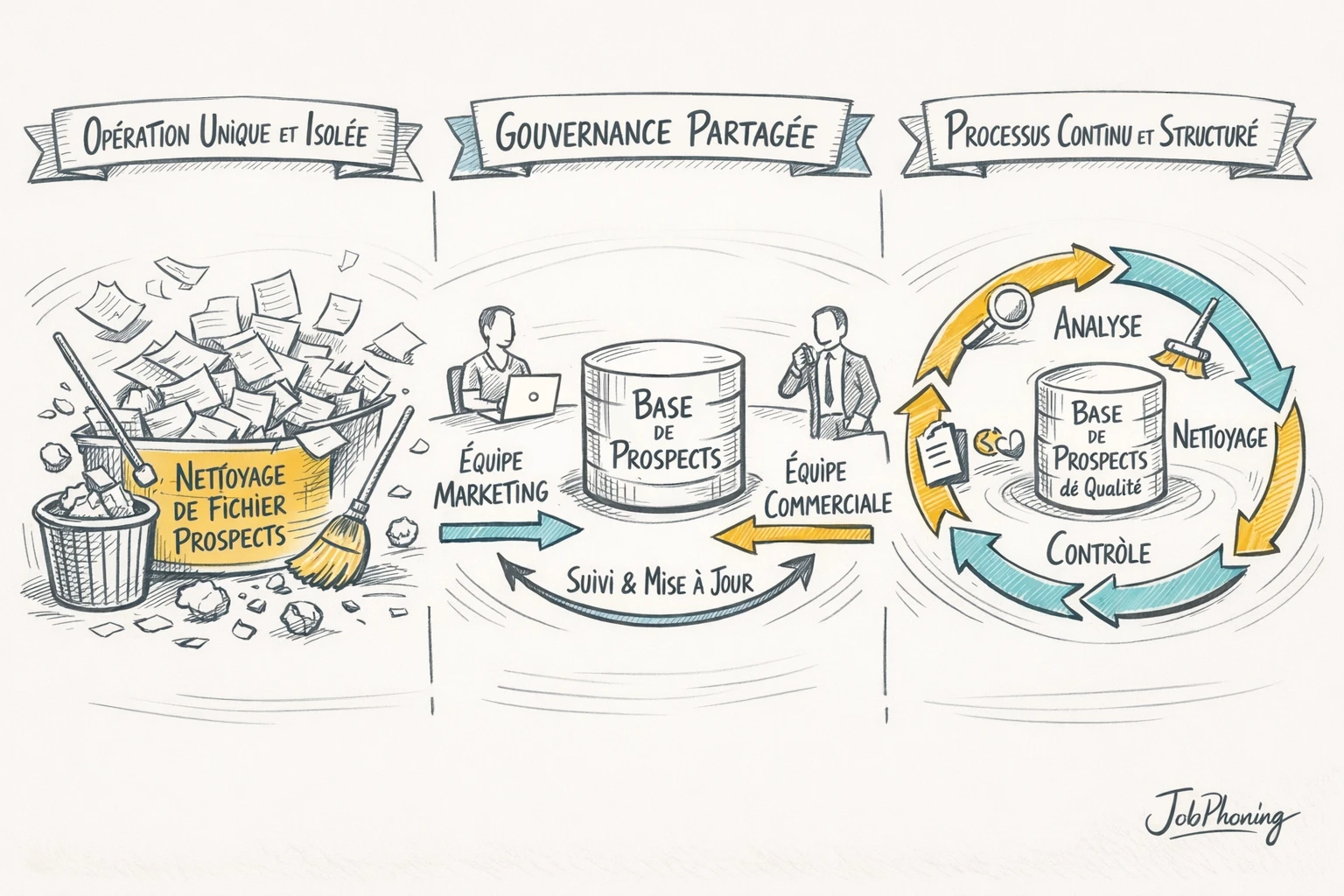 Schéma représentant la gouvernance continue des données prospects via un cylindre central et des blocs