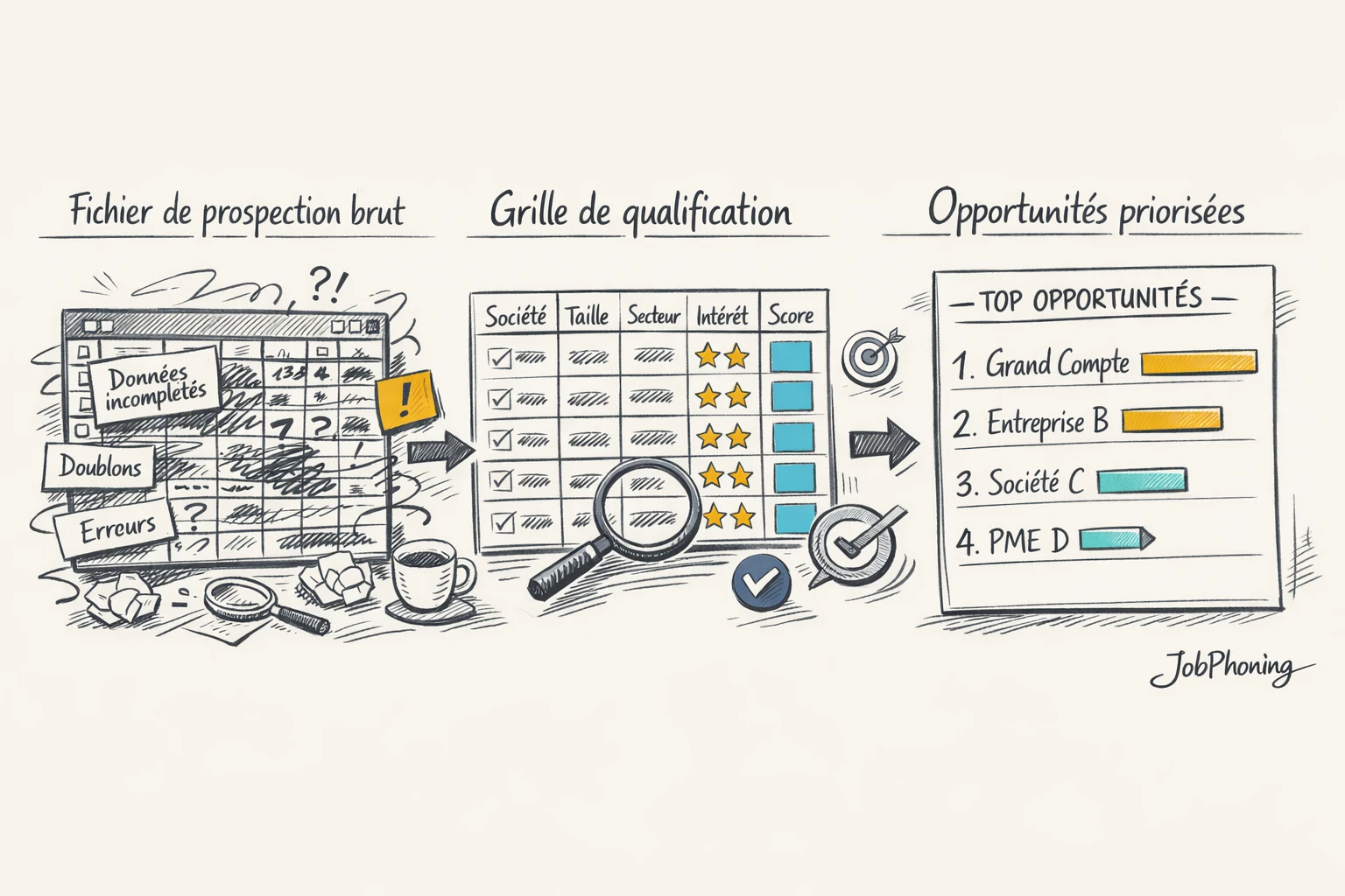 Schéma représentant la priorisation des leads via un flux d’étapes reliées et rectangles colorés.