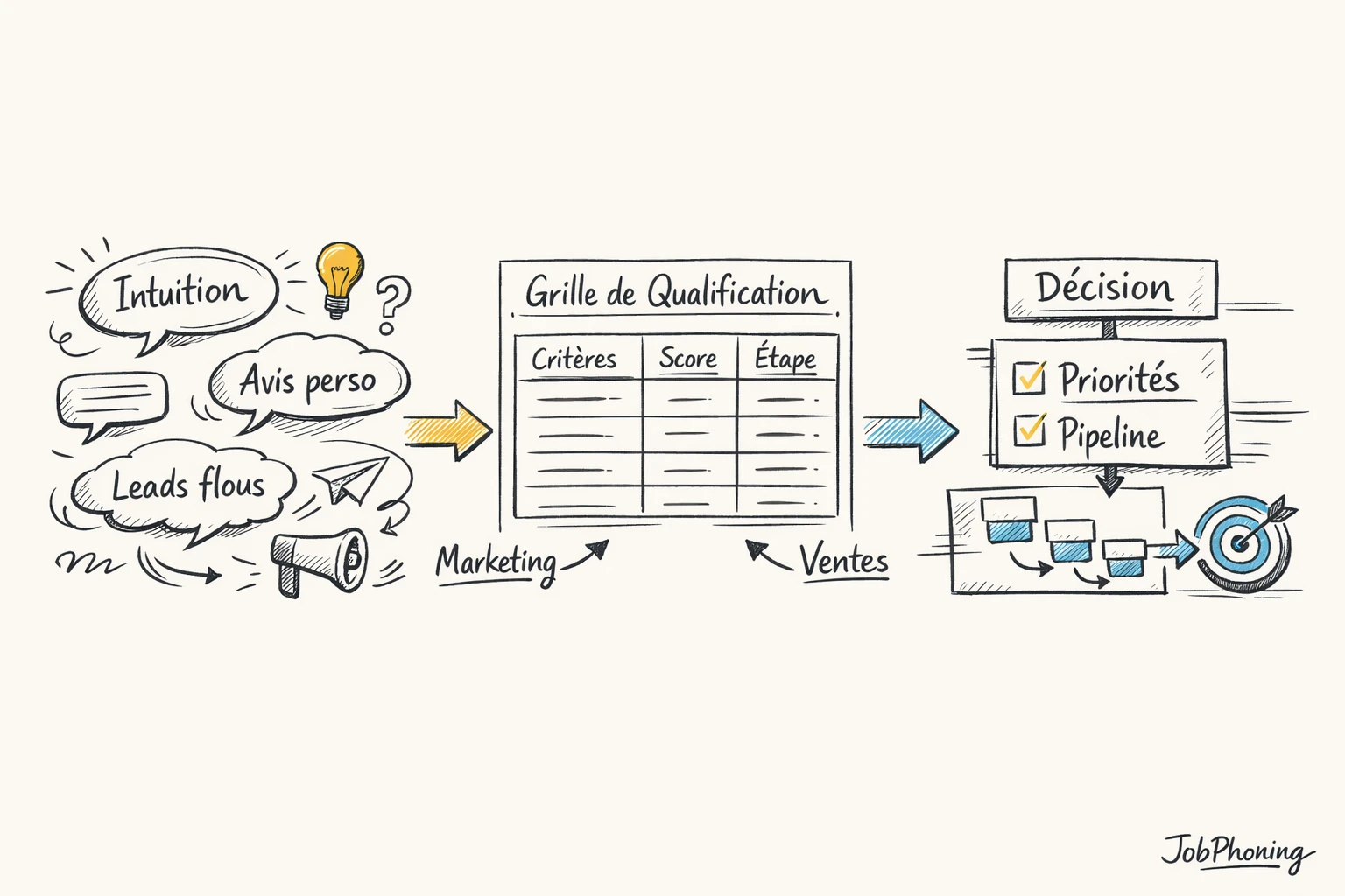 Schéma représentant l’alignement qualification marketing-ventes via matrice centrale, colonnes symétriques et pipeline segmenté.