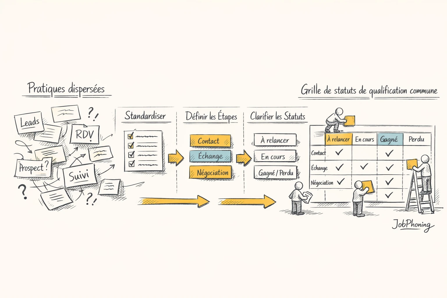 Schéma représentant la structuration des statuts de qualification via un enchaînement d’étapes connectées menant à