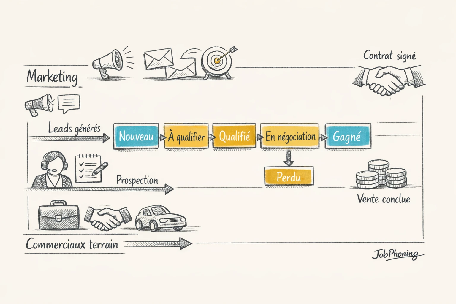Schéma représentant la qualification des leads via pipeline segmenté et trois pistes alignées.