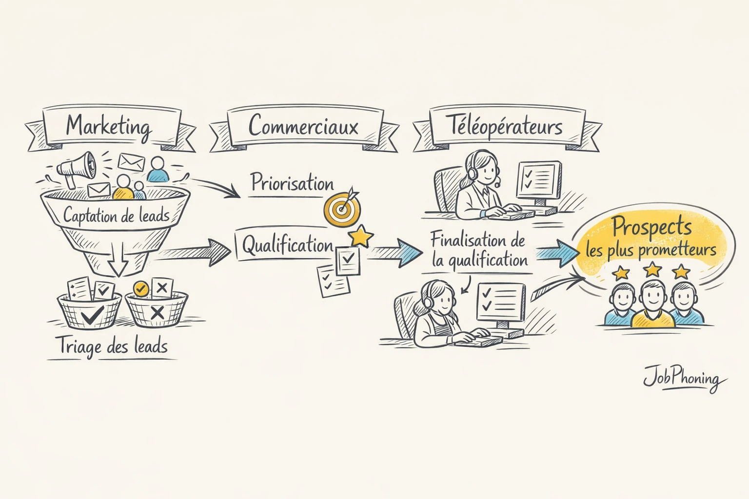 Infographie représentant la qualification client via trois pôles reliés à une base centrale.