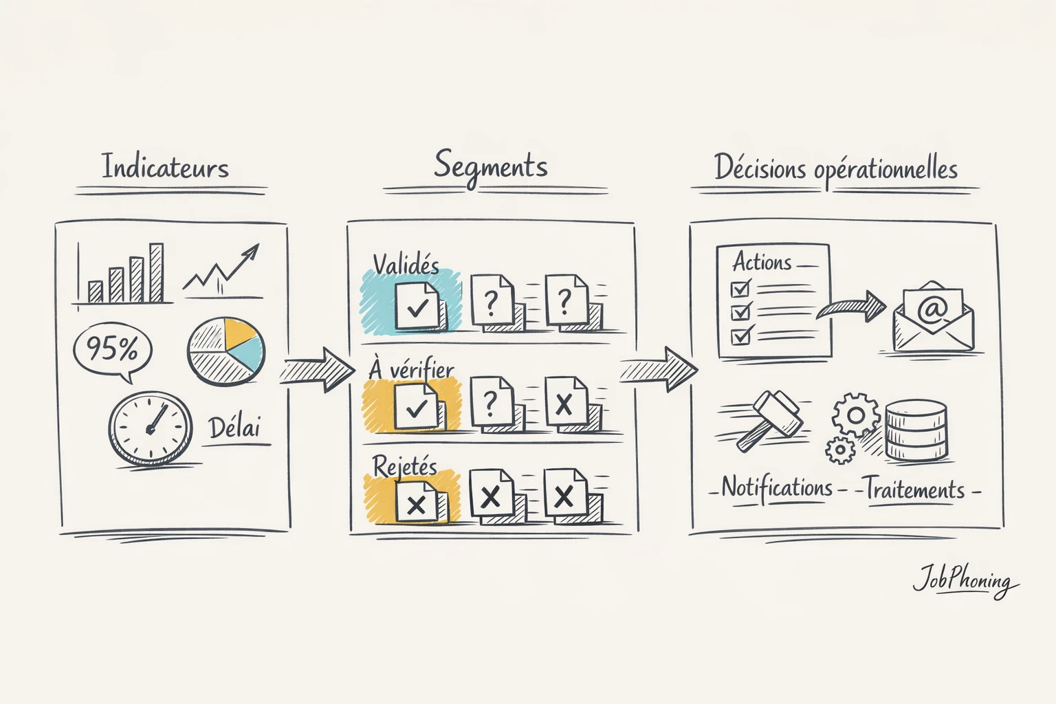 Schéma représentant la construction d’un tableau de bord de qualification via flux d’étapes et blocs