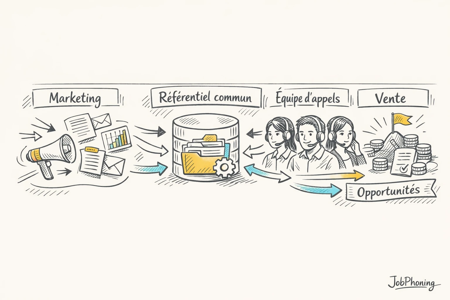 Schéma représentant le partage d’information marketing-vente-appels via un hub central et des flèches géométriques colorées