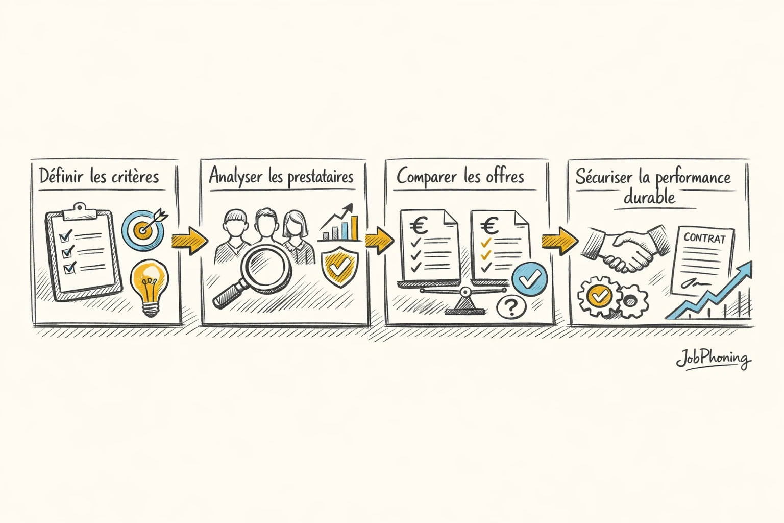 Schéma représentant un parcours d’externalisation B2B via plusieurs blocs reliés illustrant un processus structuré et