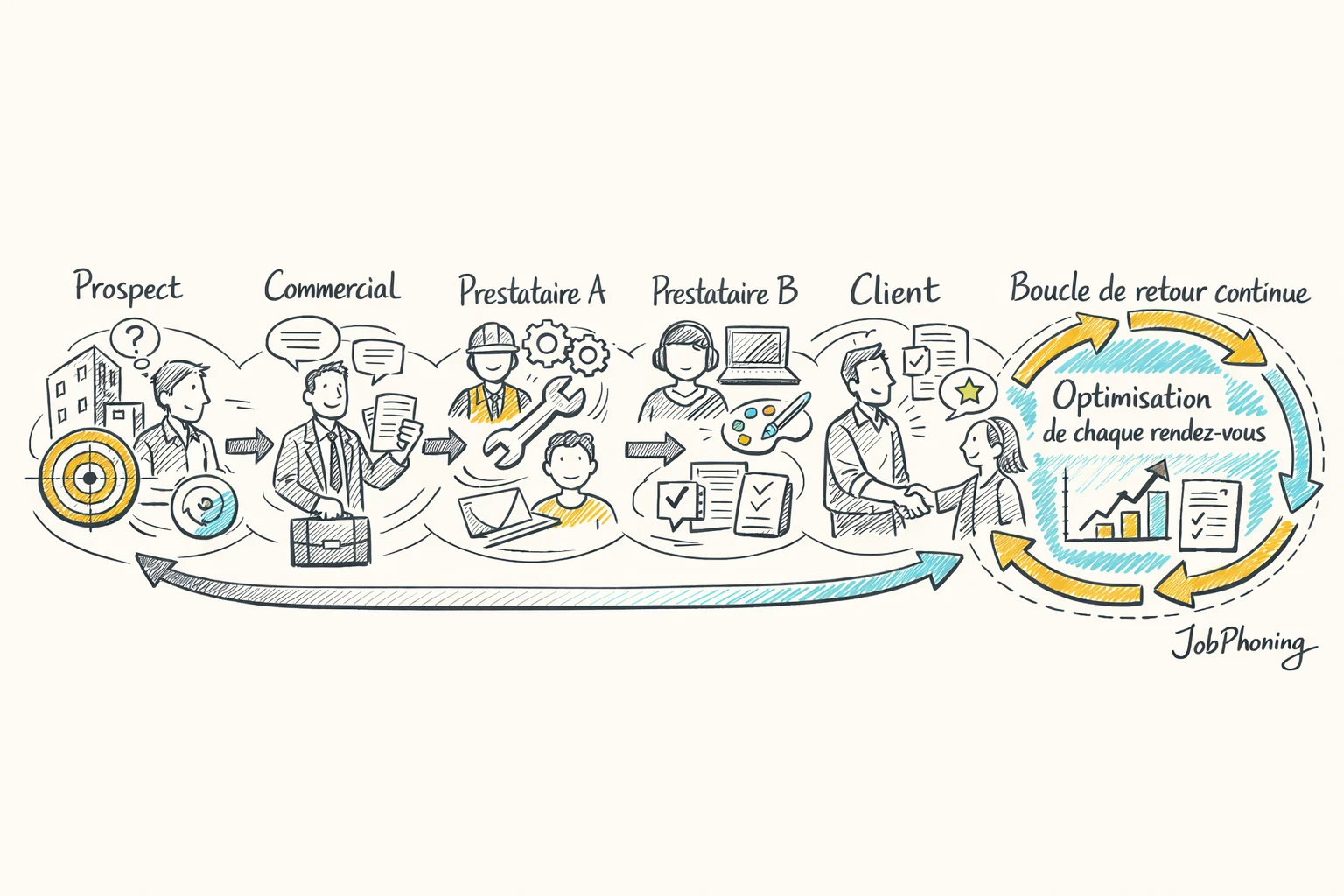 Infographie représentant l’intégration de prestataires d’appels via pipelines parallèles reliés à un hub central