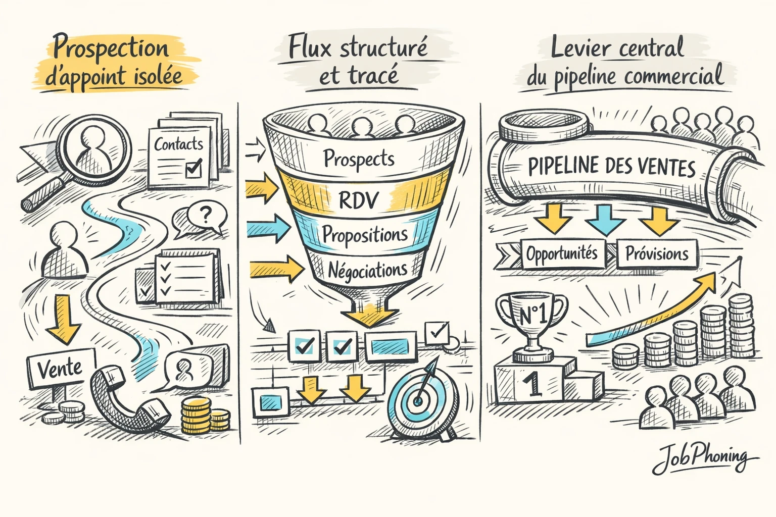 Schéma représentant l’intégration d’un flux de prospection téléphonique dans un pipeline commercial via canaux et