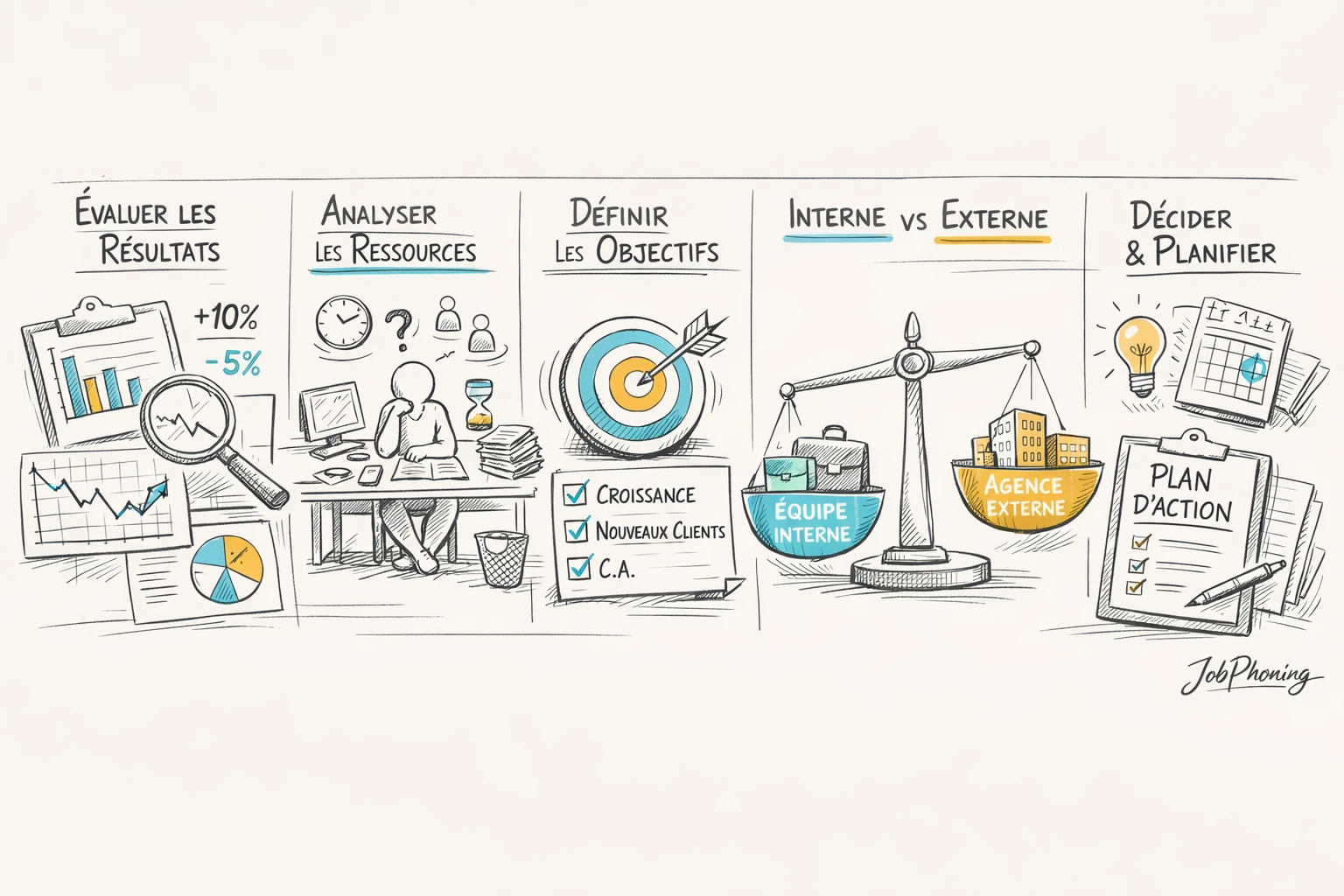 Schéma représentant processus décision externalisation prospection PME via flèches, blocs alignés et icônes géométriques