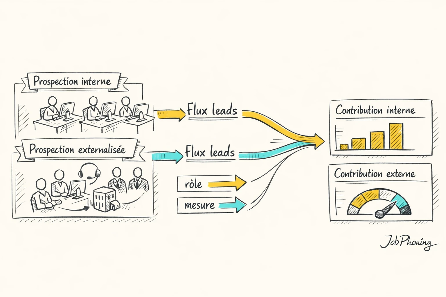 Schéma représentant la collaboration prospection interne et externalisée via deux flux convergeant vers un pipeline