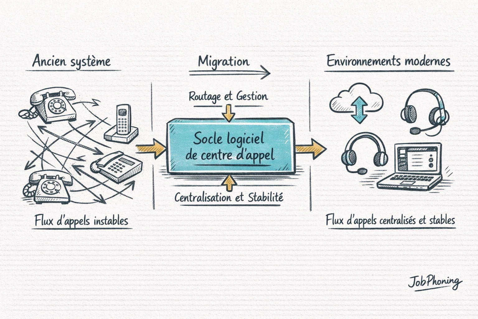 Schéma représentant l’orchestration d’appels migrés via un noyau logiciel central et plusieurs nœuds connectés.