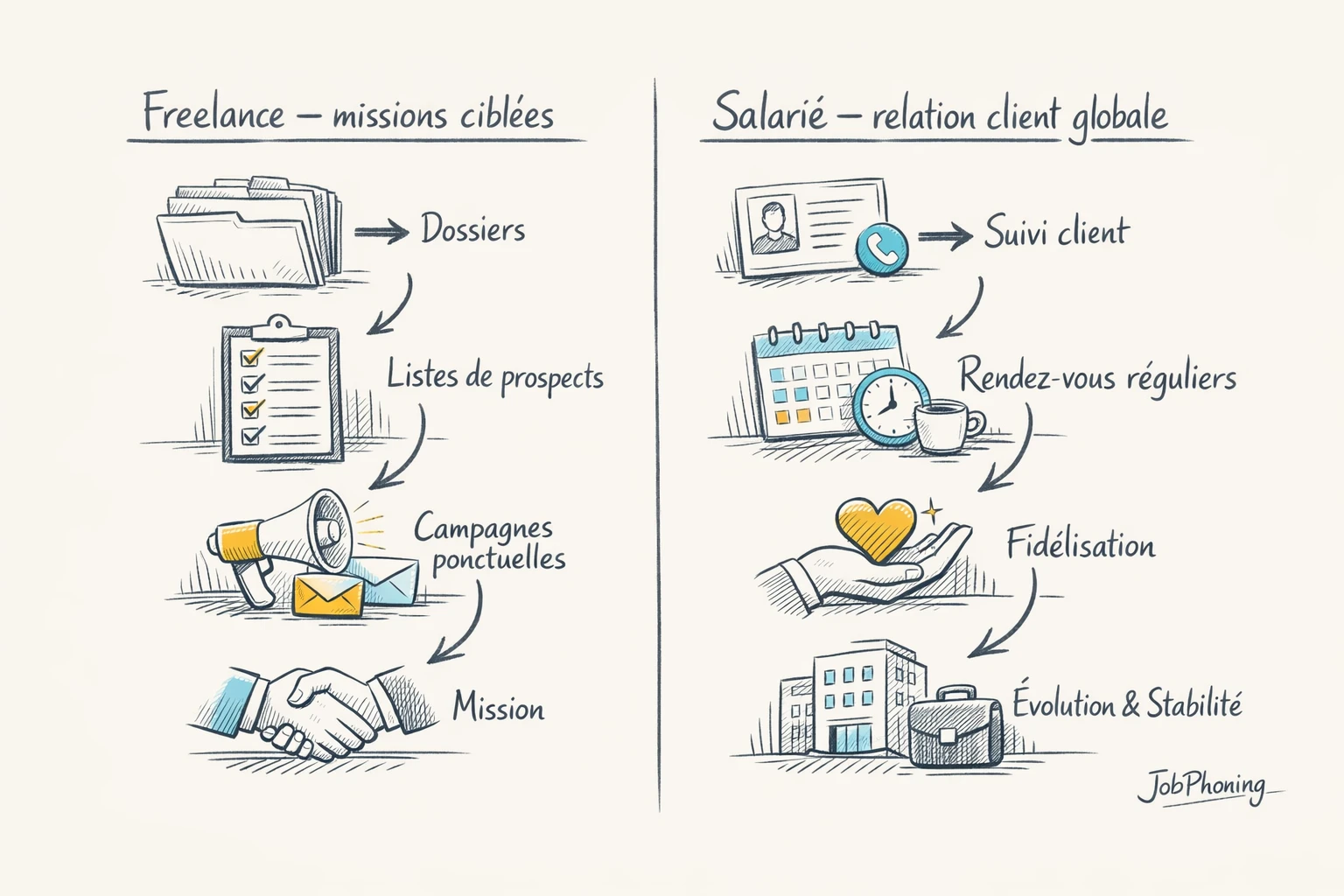 Schéma représentant l’organisation commerciale freelance et salariée via hub central, double pipeline et blocs connectés.