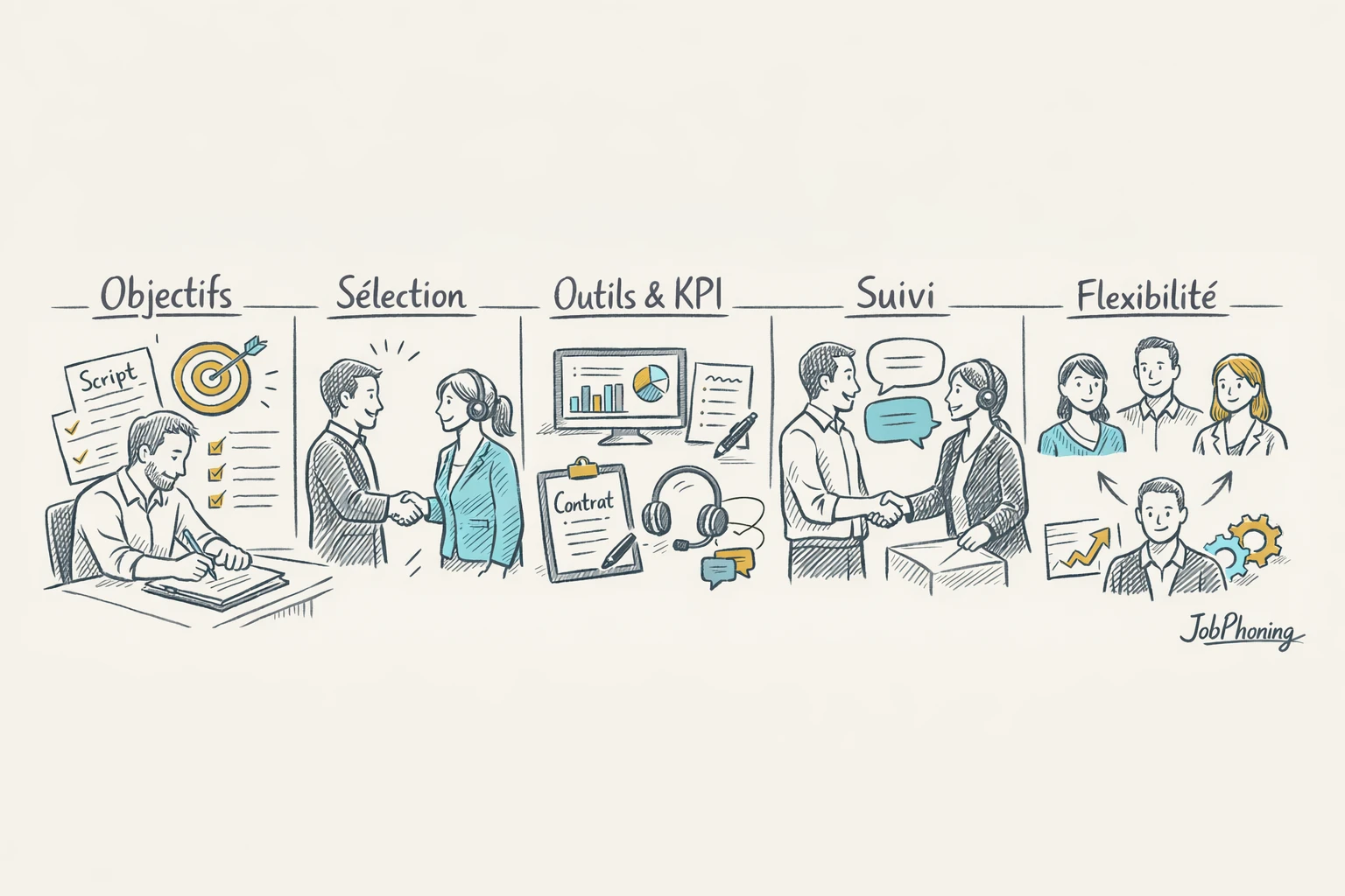 Schéma représentant la structuration d’une collaboration avec téléprospecteur via enchaînement de blocs et flèches colorés.