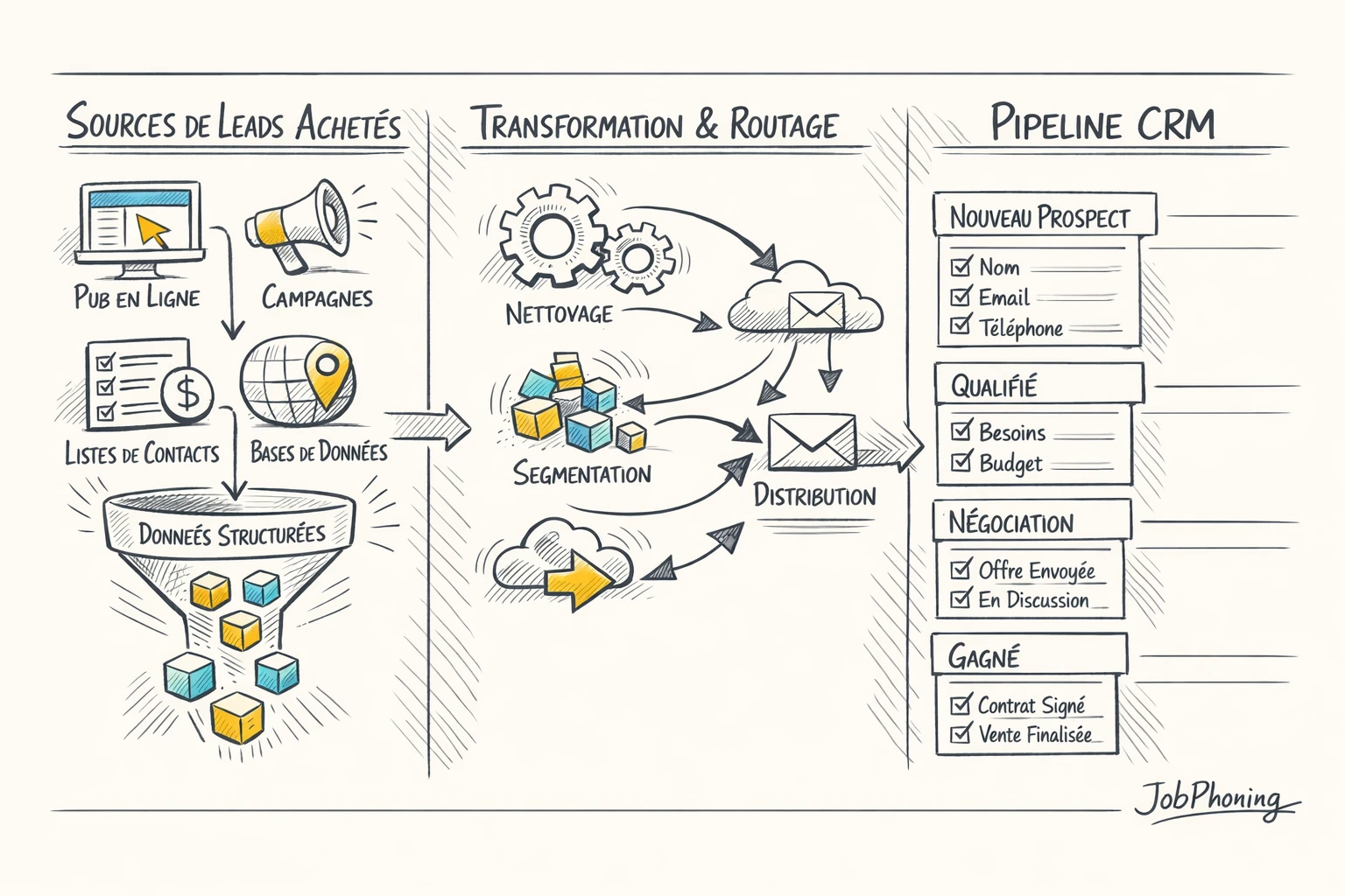 Schéma représentant la structuration de leads achetés via un flux CRM avec blocs et flèches