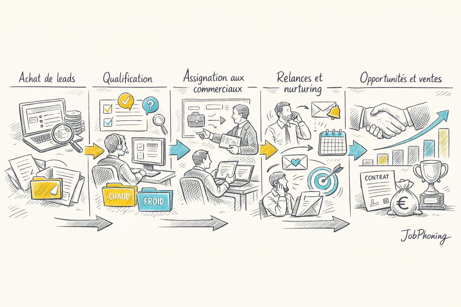 Infographie représentant l’intégration des leads achetés via hub central, flux segmentés et colonnes de pipeline