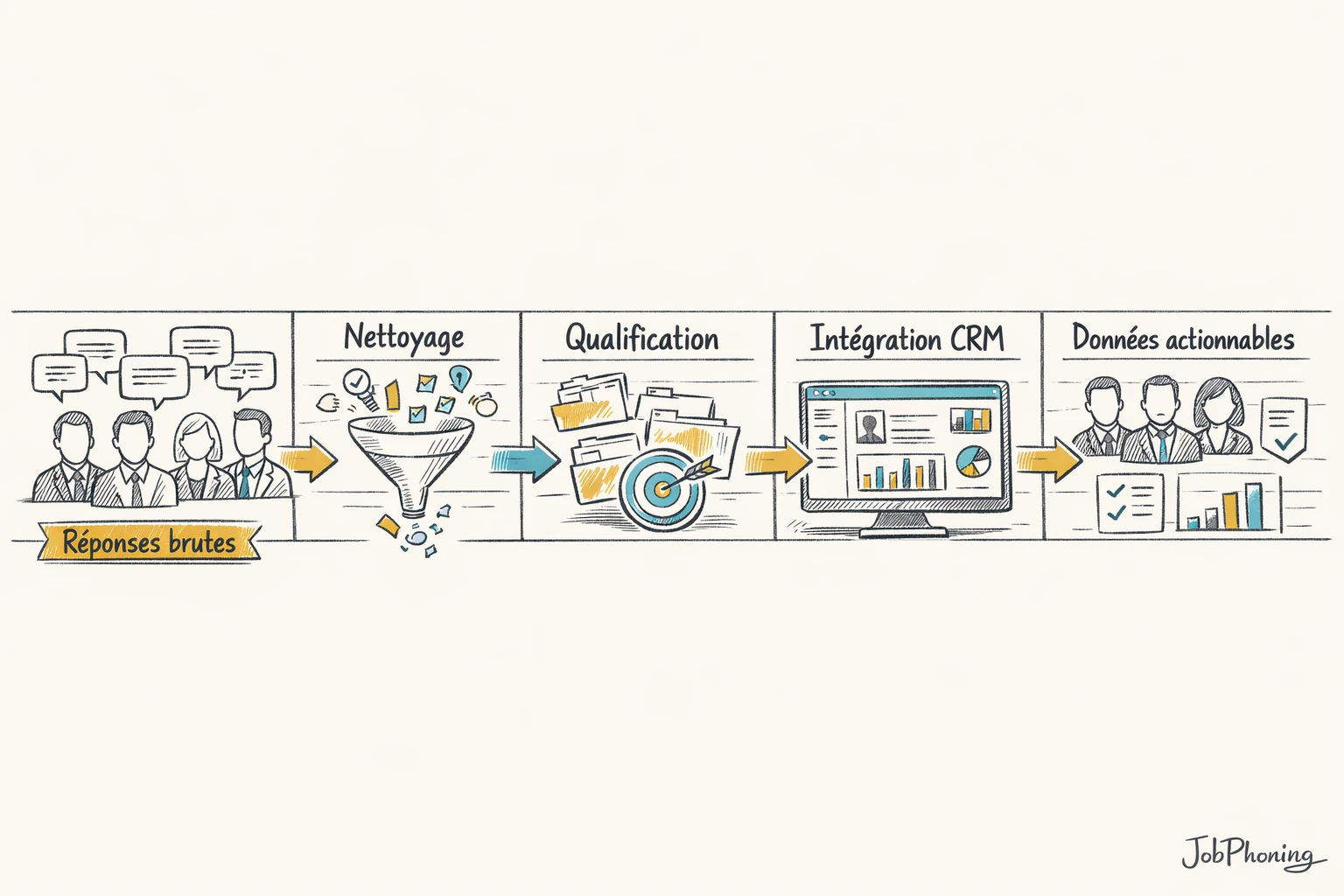 Schéma représentant le parcours d’une enquête B2B via blocs alignés reliés par des flèches.