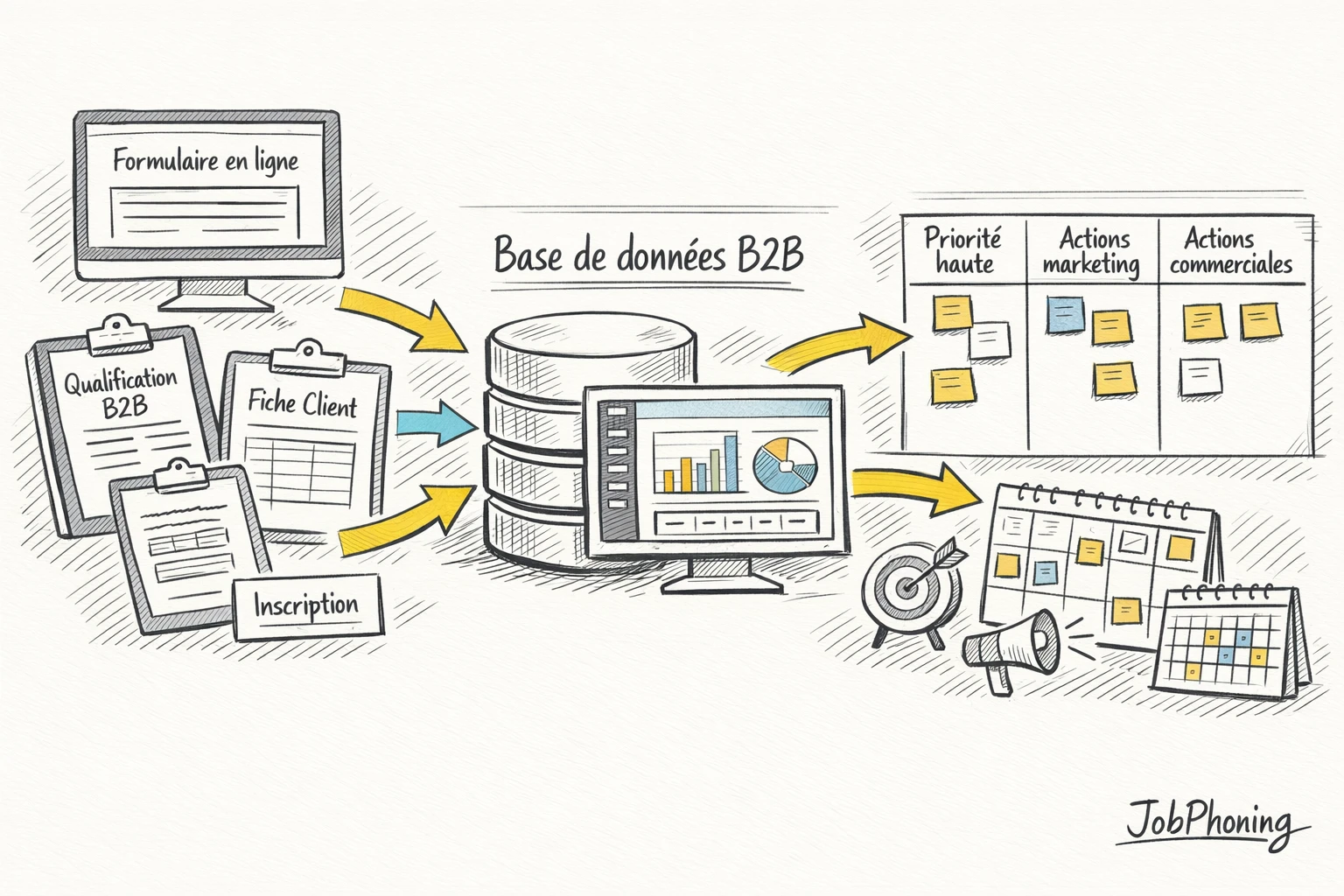 Infographie représentant l’intégration des questionnaires B2B via hub central, bases de données et blocs commerciaux