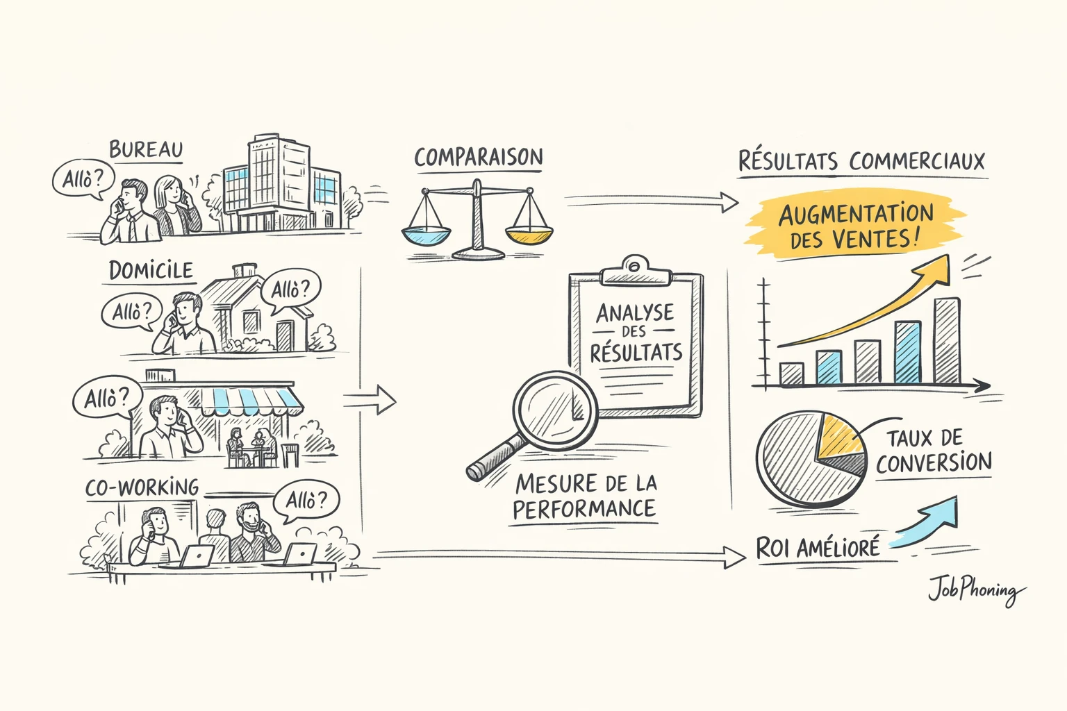 Schéma représentant l’évaluation d’appels B2B français via deux flux parallèles et indicateurs comparés.