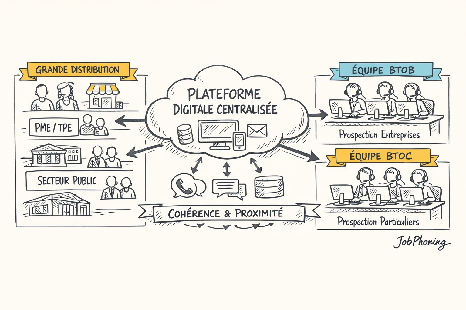Schéma représentant l’organisation d’appels français via un noyau central relié à plusieurs segments géométriques.