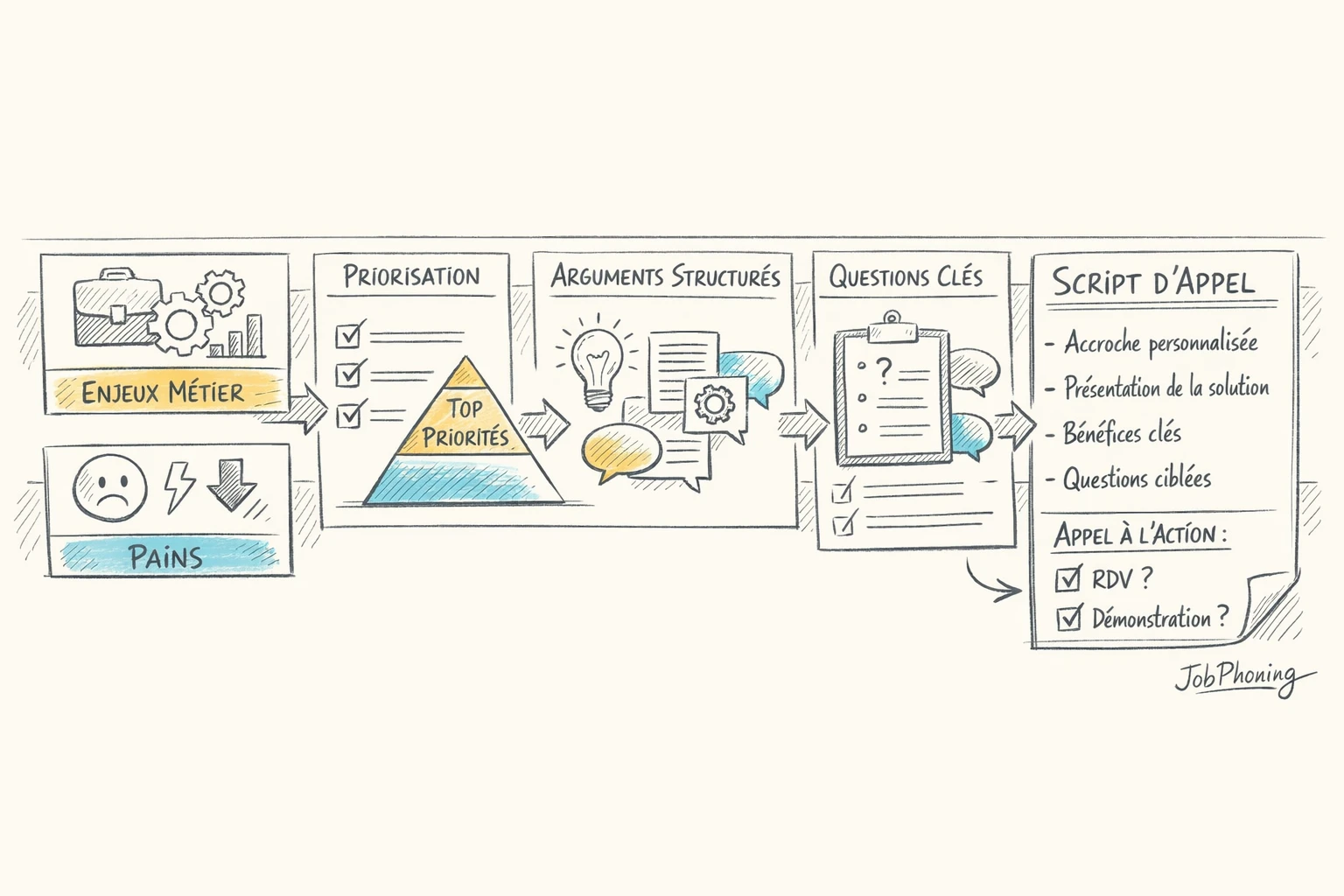 Schéma représentant la construction d’un script de prospection IT via blocs reliés en flux séquentiel