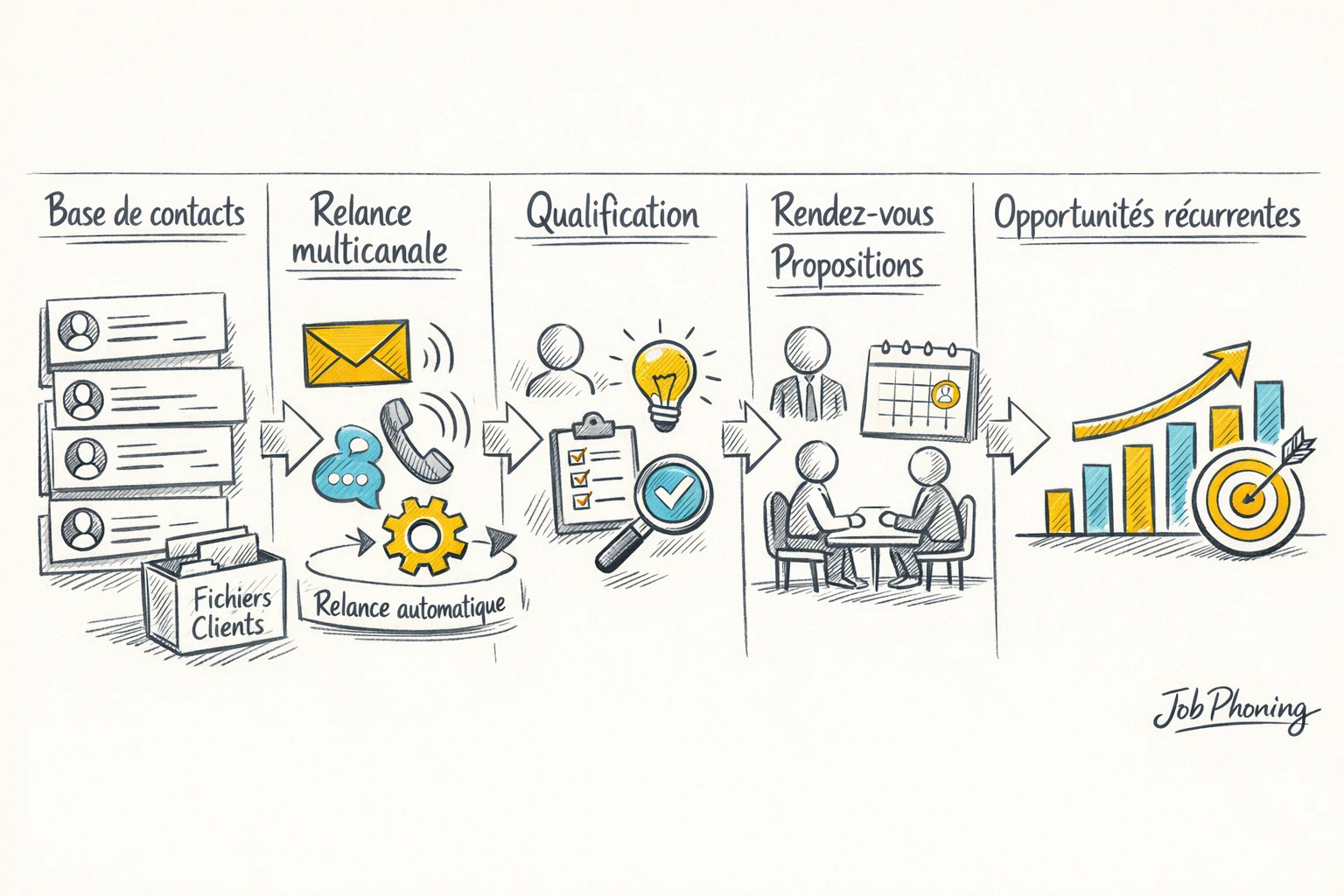 Schéma représentant une campagne de relance B2B structurée via blocs reliés, canaux multiples et étapes