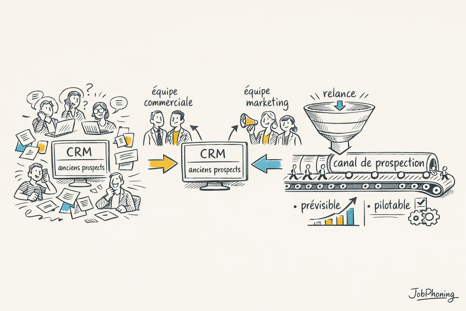 Schéma représentant la réactivation des prospects via CRM central, équipes segmentées et flux cyclique.