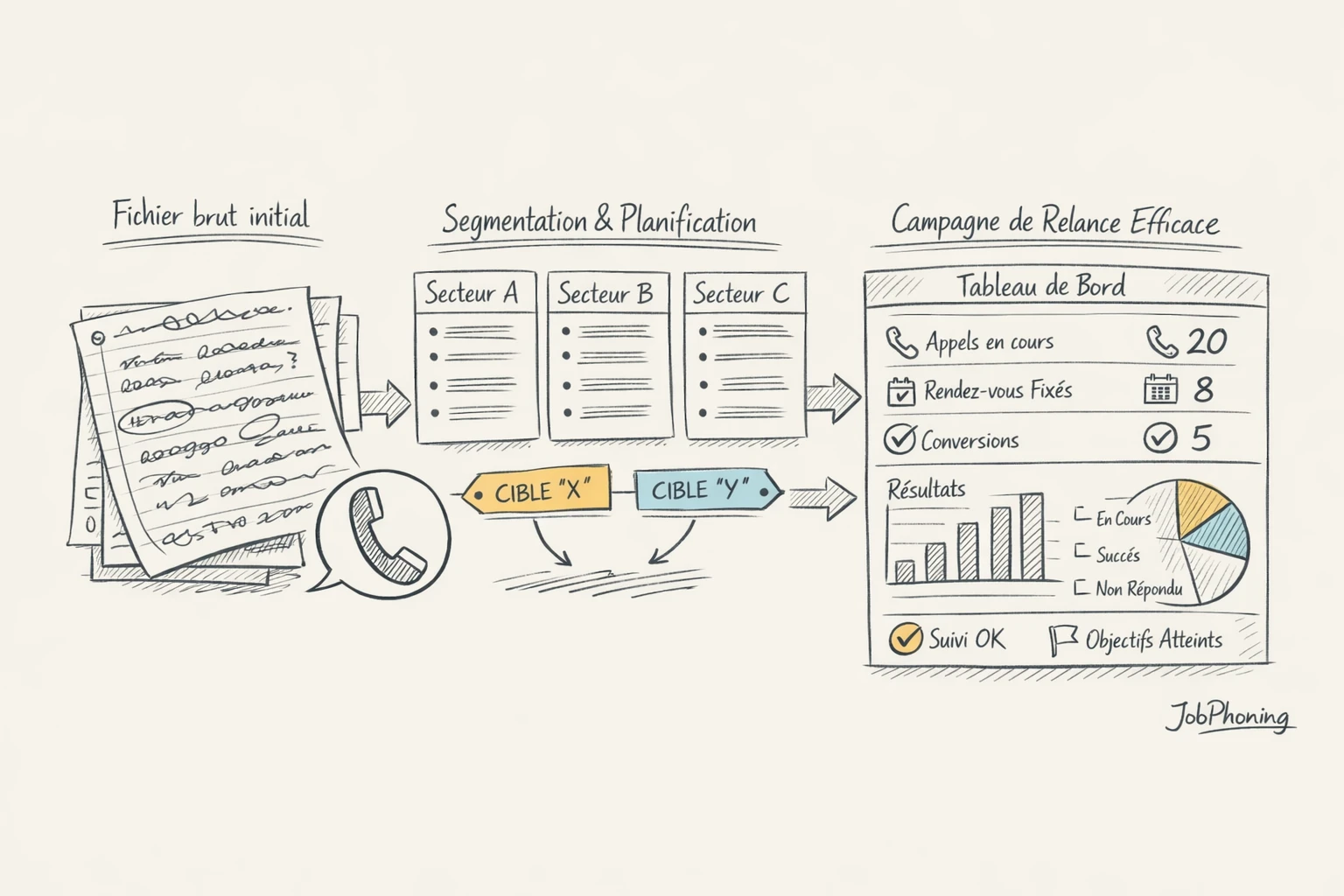 Schéma représentant une campagne de relance téléphonique structurée via étapes reliées et blocs géométriques colorés.