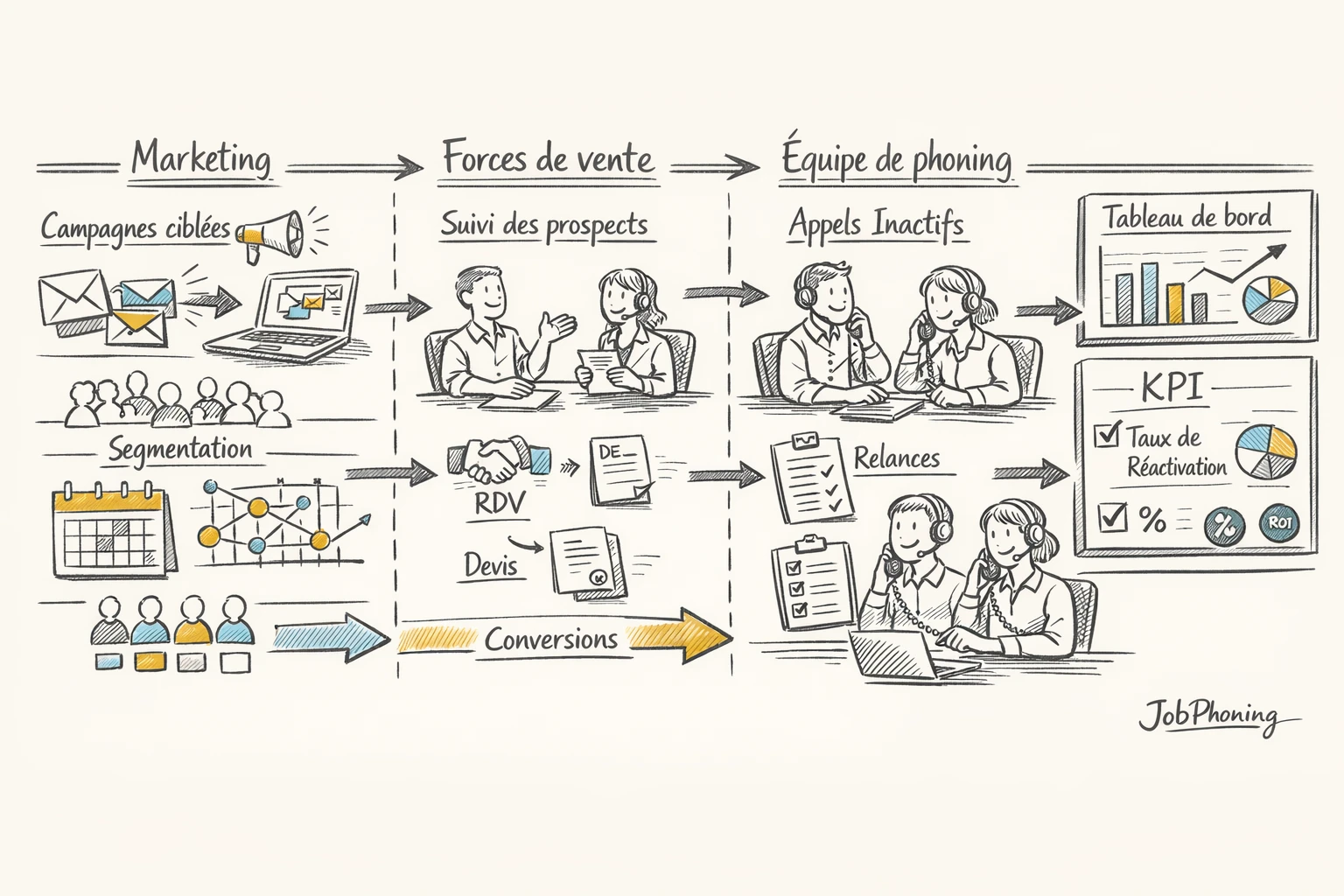 Schéma représentant l’alignement marketing, ventes et phoning via cercles connectés et flux directionnels.