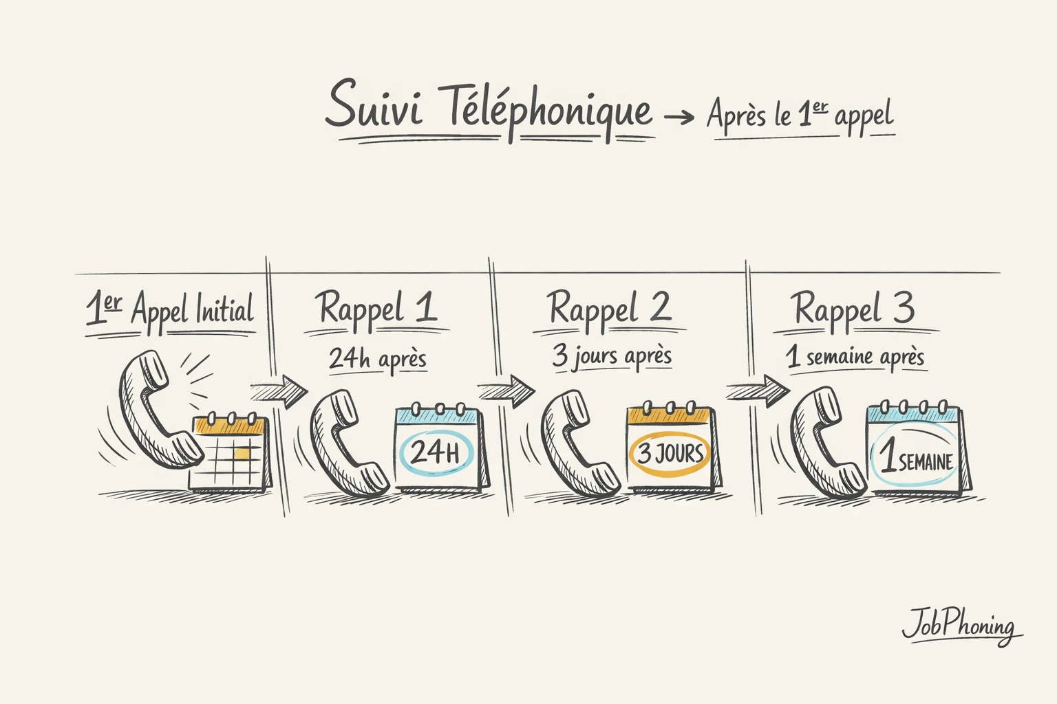 Schéma représentant une séquence de relance téléphonique B2B via blocs reliés par flèches successives.
